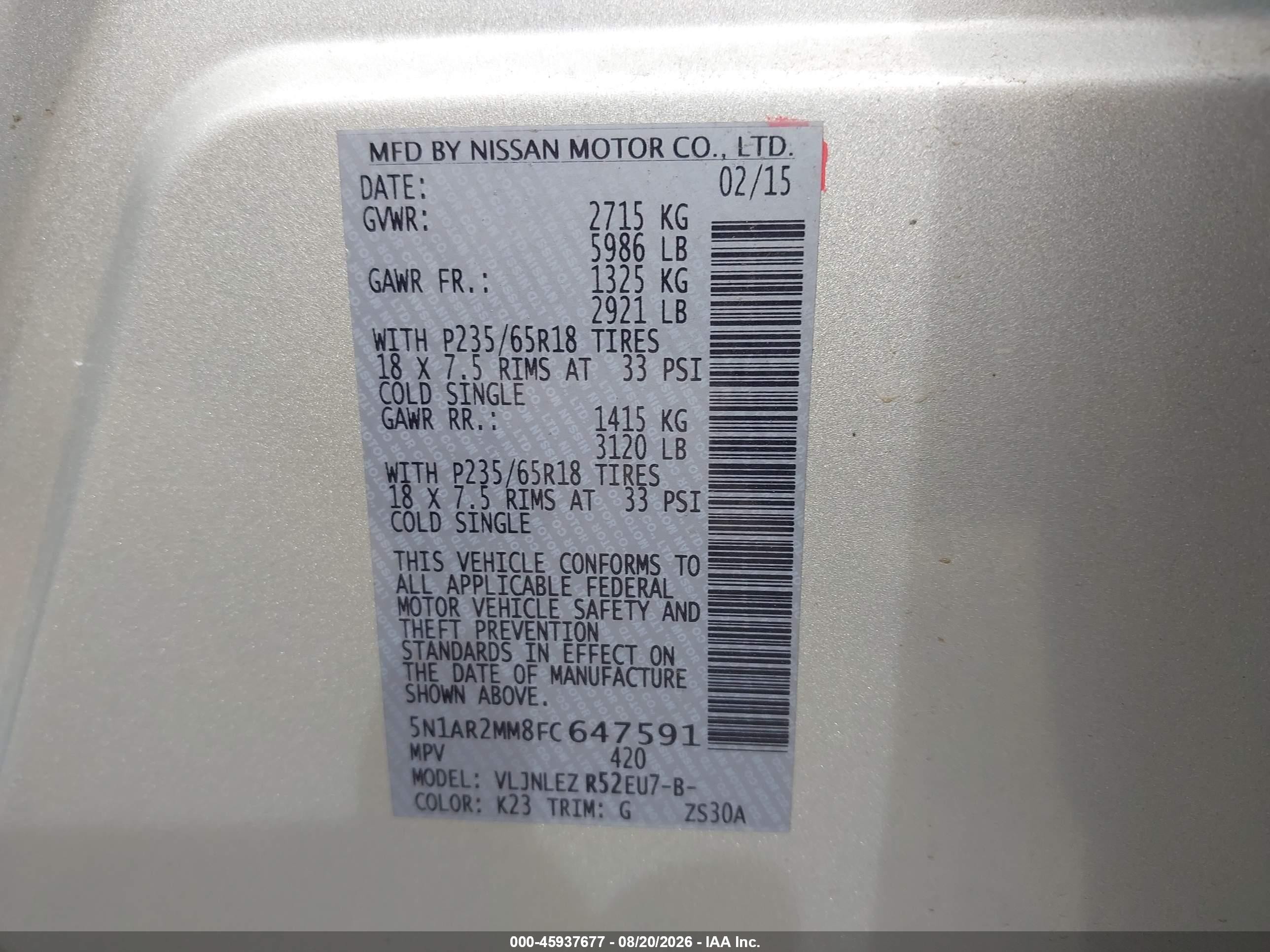 2015 Nissan Pathfinder VIN 5N1AR2MM8FC647591 IAAI salvage auction — Normal Wear, Clear - Dealer Only (California), sold $275 on 2026-08-31 (photo 9)