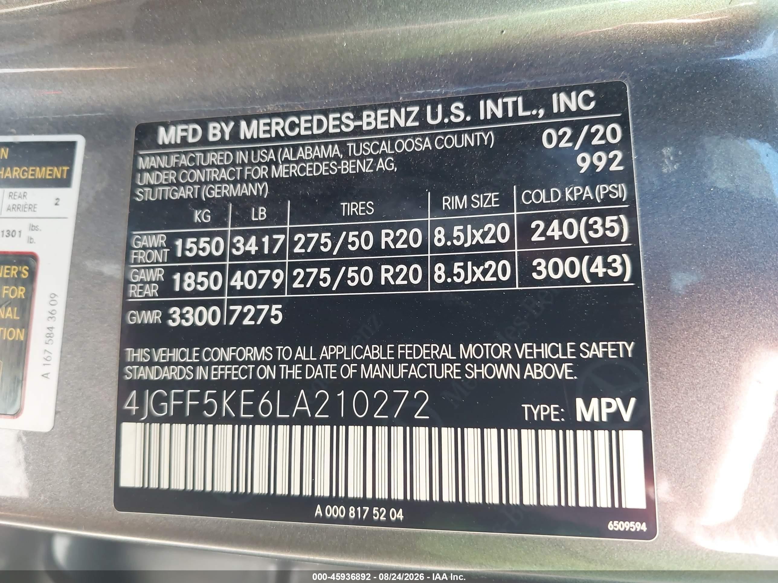 2020 Mercedes-Benz GLS-Class VIN 4JGFF5KE6LA210272 IAAI salvage auction — Front End, Salvage (Montana), sold $15,900 on 2026-09-18 (photo 9)