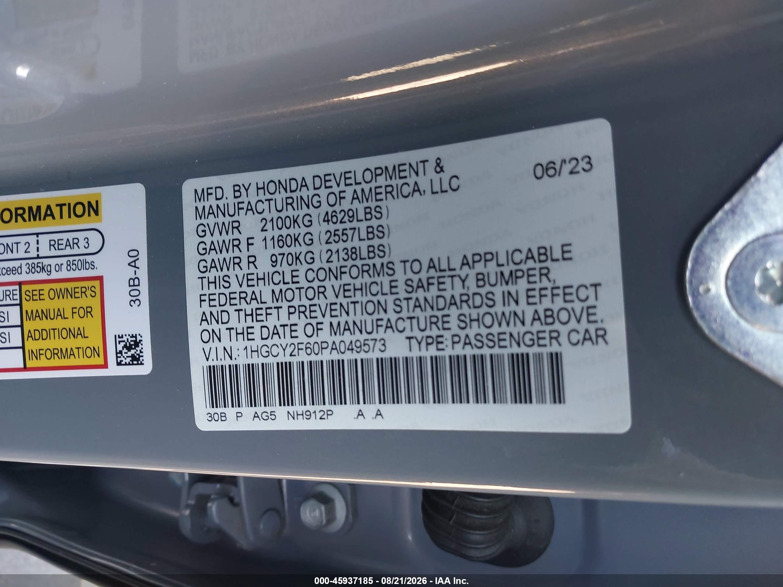2023 Honda Accord VIN 1HGCY2F60PA049573 IAAI salvage auction — Side, Salvage Certificate (California), sold $8,600 on 2026-09-13 (photo 9)