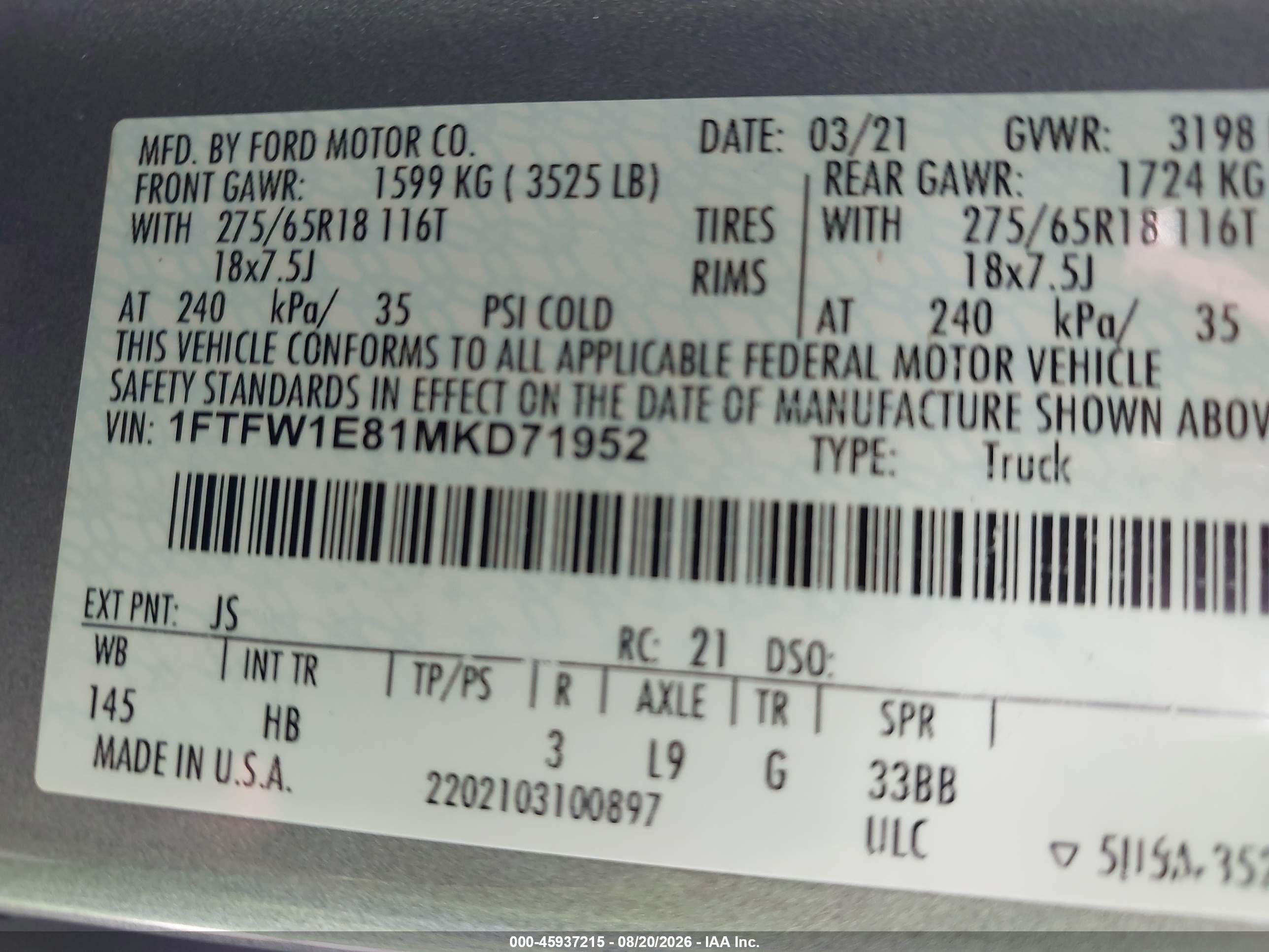 2021 Ford F-150 VIN 1FTFW1E81MKD71952 IAAI salvage auction — Rear End, Salvage (North Carolina), sold $11,600 on 2026-09-25 (photo 9)