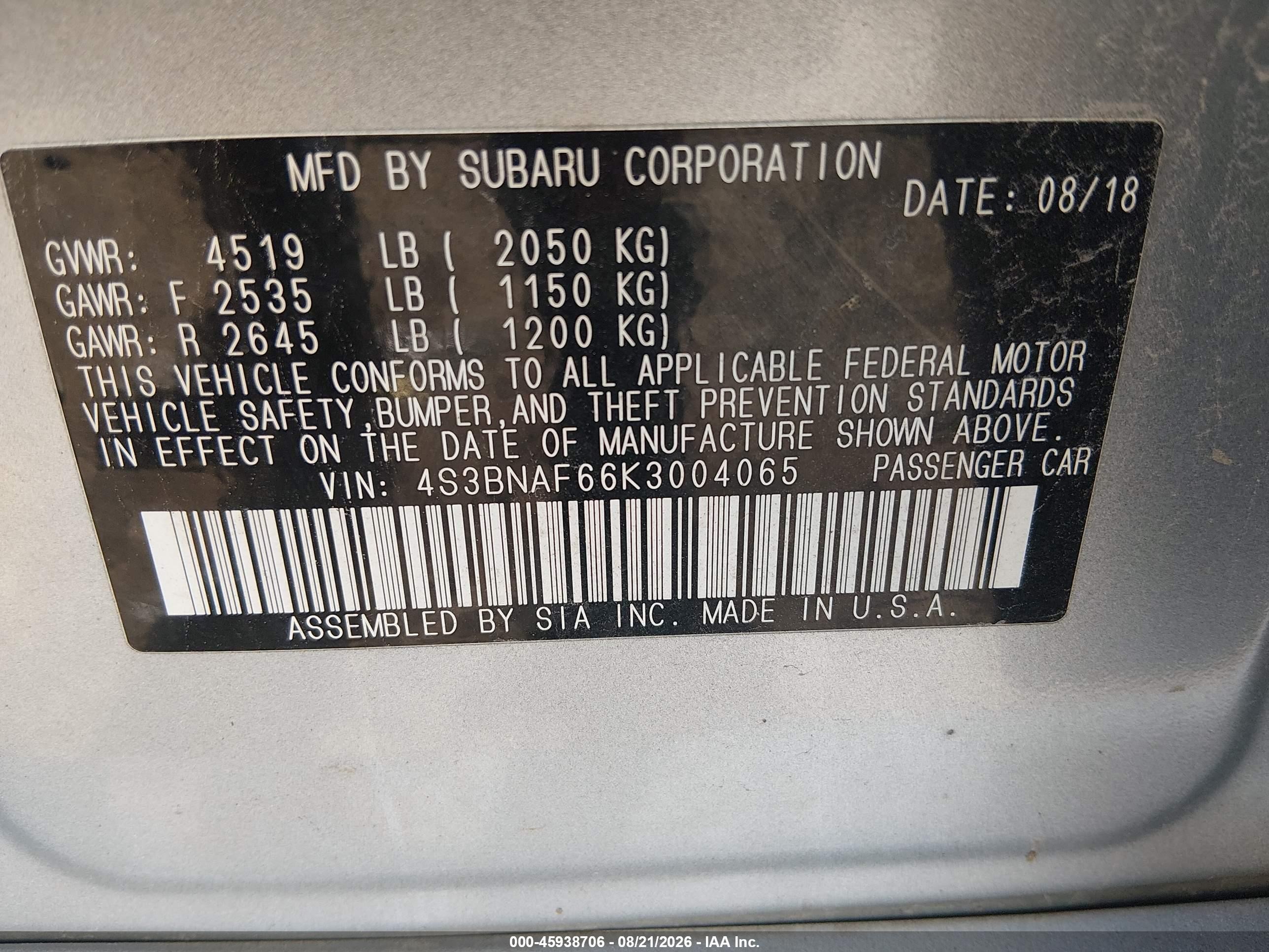 2019 Subaru LEGACY VIN 4S3BNAF66K3004065 IAAI salvage auction — Unknown, Wait Title, sold $1,350 on 2026-09-22 (photo 9)