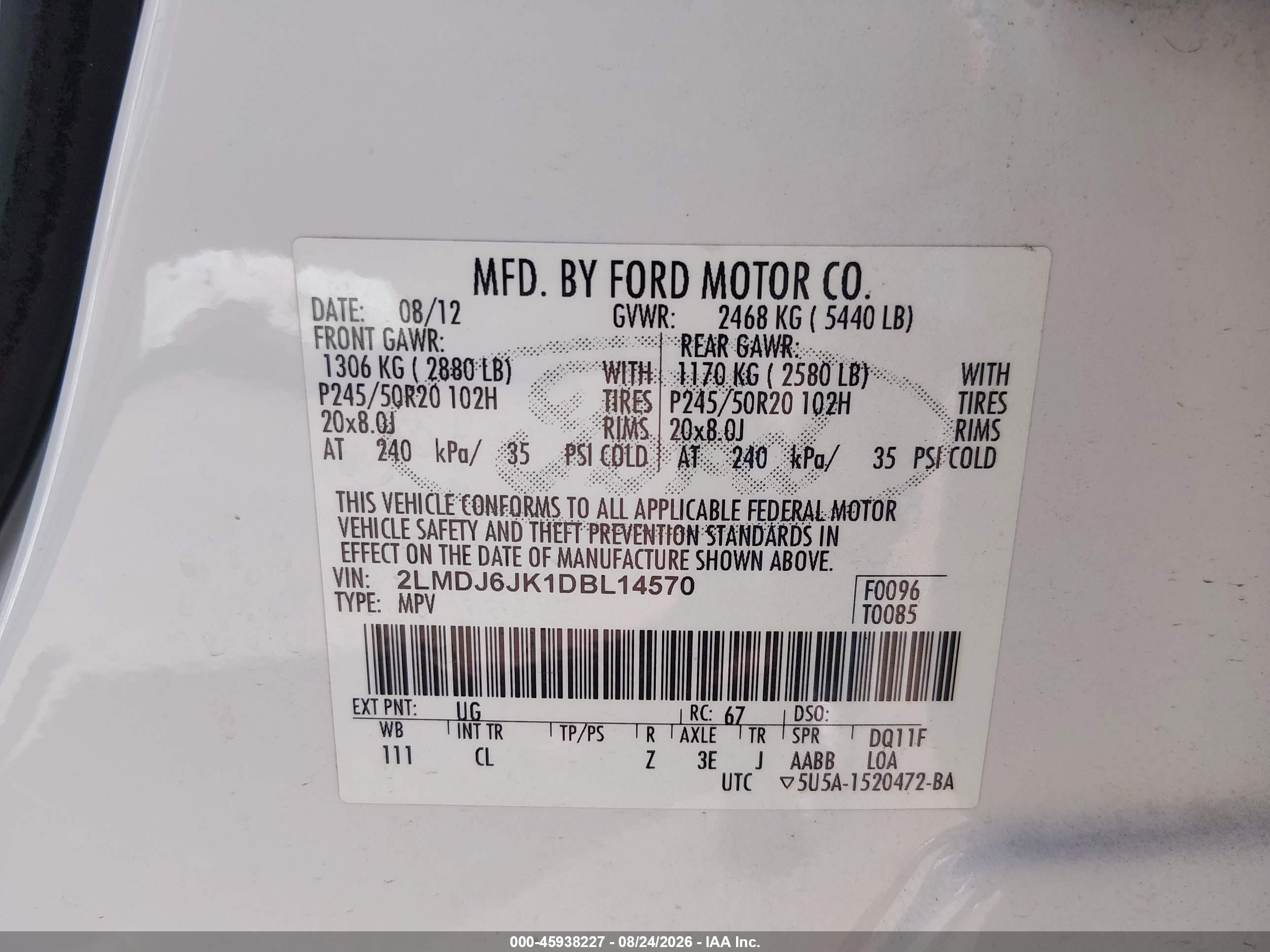 2013 Lincoln MKX VIN 2LMDJ6JK1DBL14570 IAAI salvage auction — Front End, Original (Texas), sold $1,300 on 2026-09-19 (photo 9)