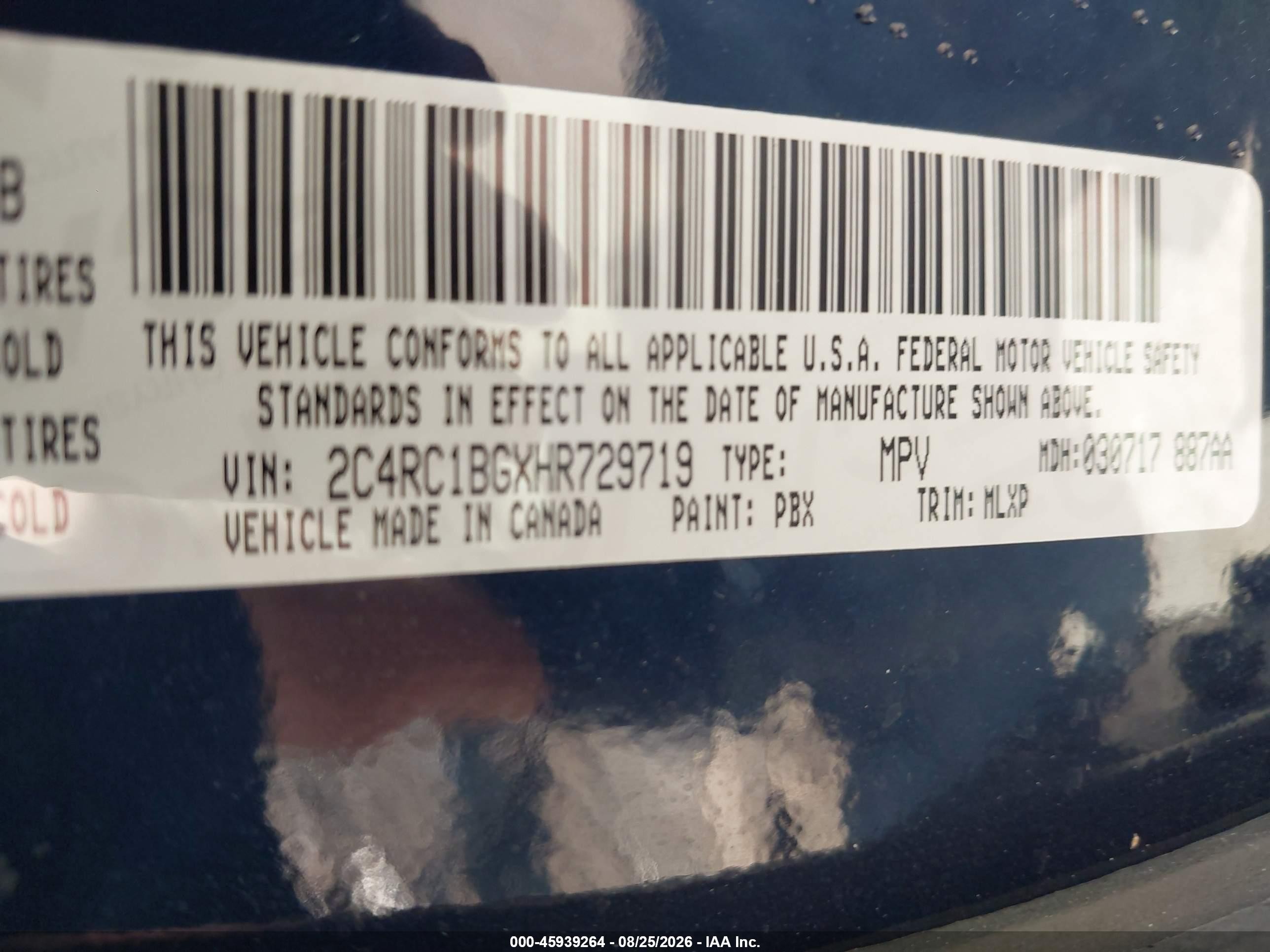 2017 Chrysler Pacifica VIN 2C4RC1BGXHR729719 IAAI salvage auction — Rear End, Salvage (North Carolina), sold $1,950 on 2026-09-11 (photo 9)