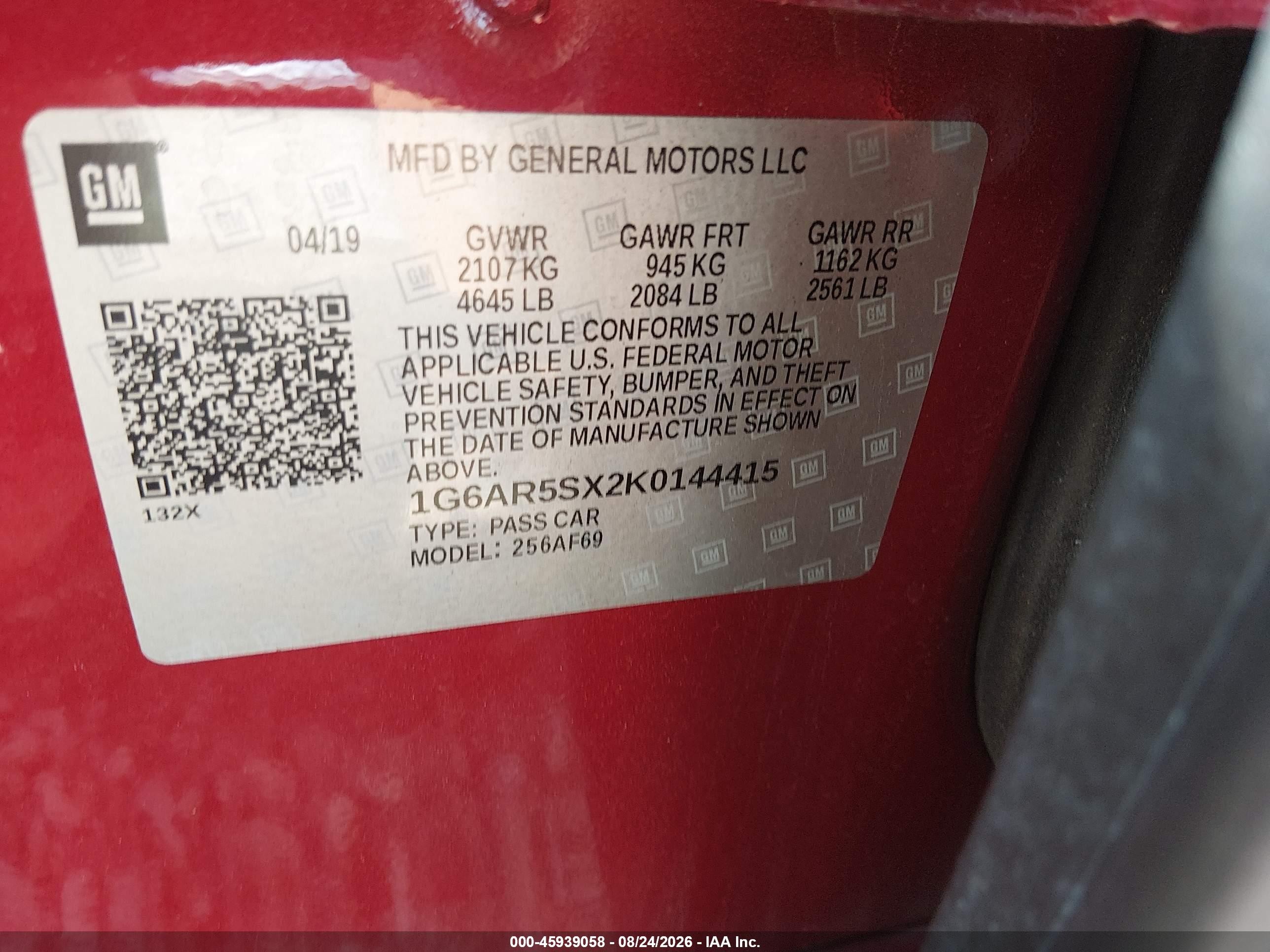 2019 Cadillac CTS VIN 1G6AR5SX2K0144415 IAAI salvage auction — Front End, Salvage (Mississippi), sold $4,500 on 2026-09-13 (photo 9)