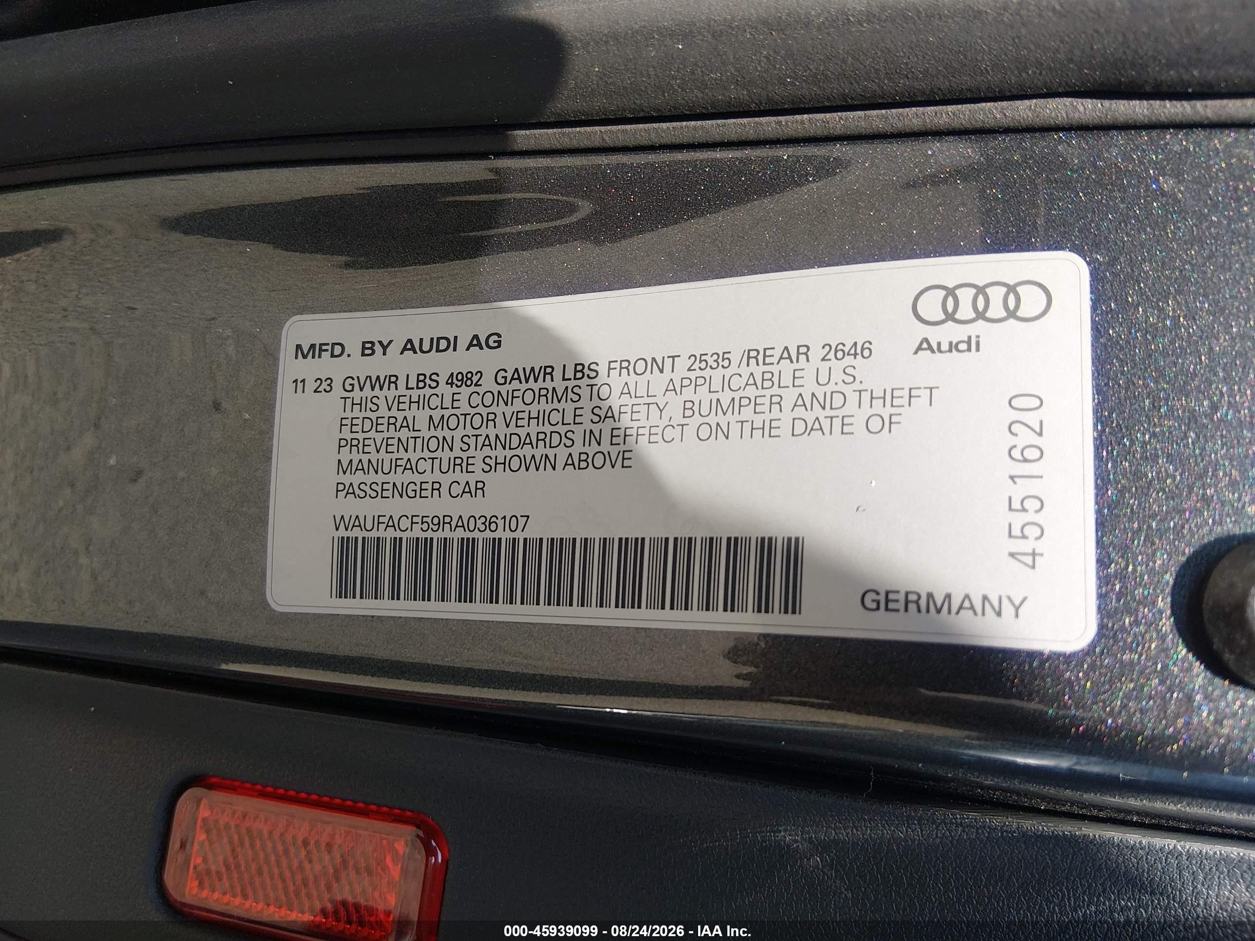 2024 Audi A5 VIN WAUFACF59RA036107 IAAI salvage auction — Undercarriage, Salvage (Connecticut), sold $17,300 on 2026-09-25 (photo 9)