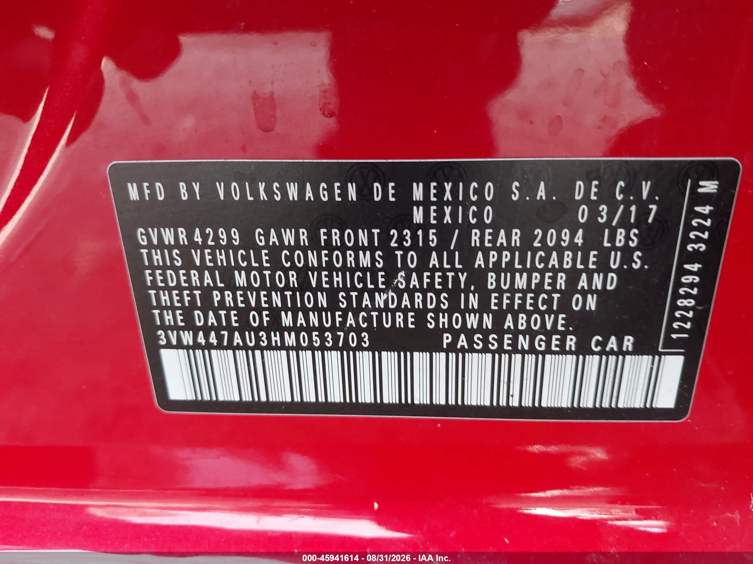 2017 Volkswagen Golf gti VIN 3VW447AU3HM053703 IAAI salvage auction — Rear End, Clear (Indiana), sold $4,275 on 2026-10-04 (photo 9)