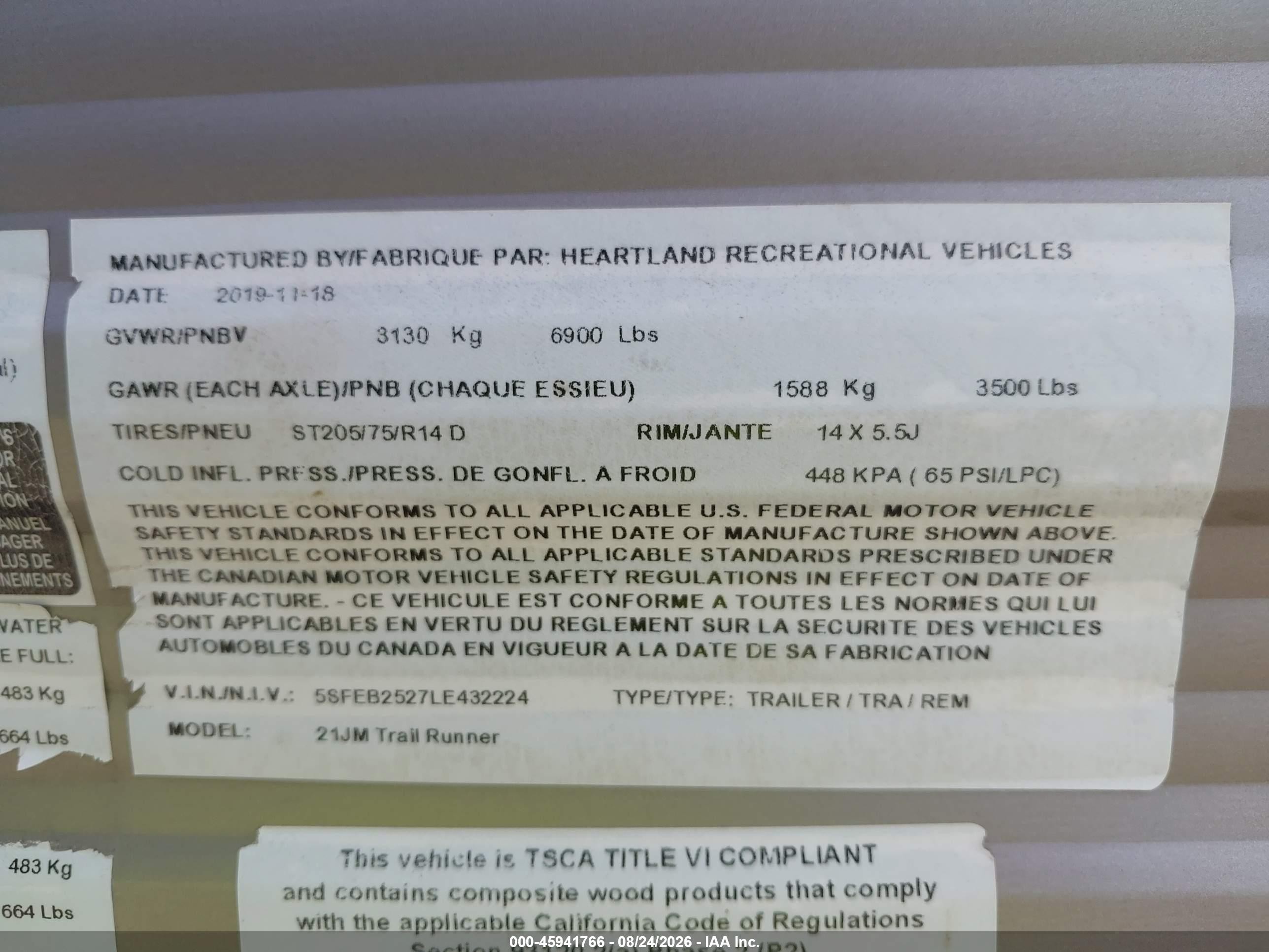 2020 Heartland Rvs Trail Runner Series VIN 5SFEB2527LE432224 IAAI salvage auction — Rollover, Original (Texas), sold $2,850 on 2026-10-01 (photo 9)