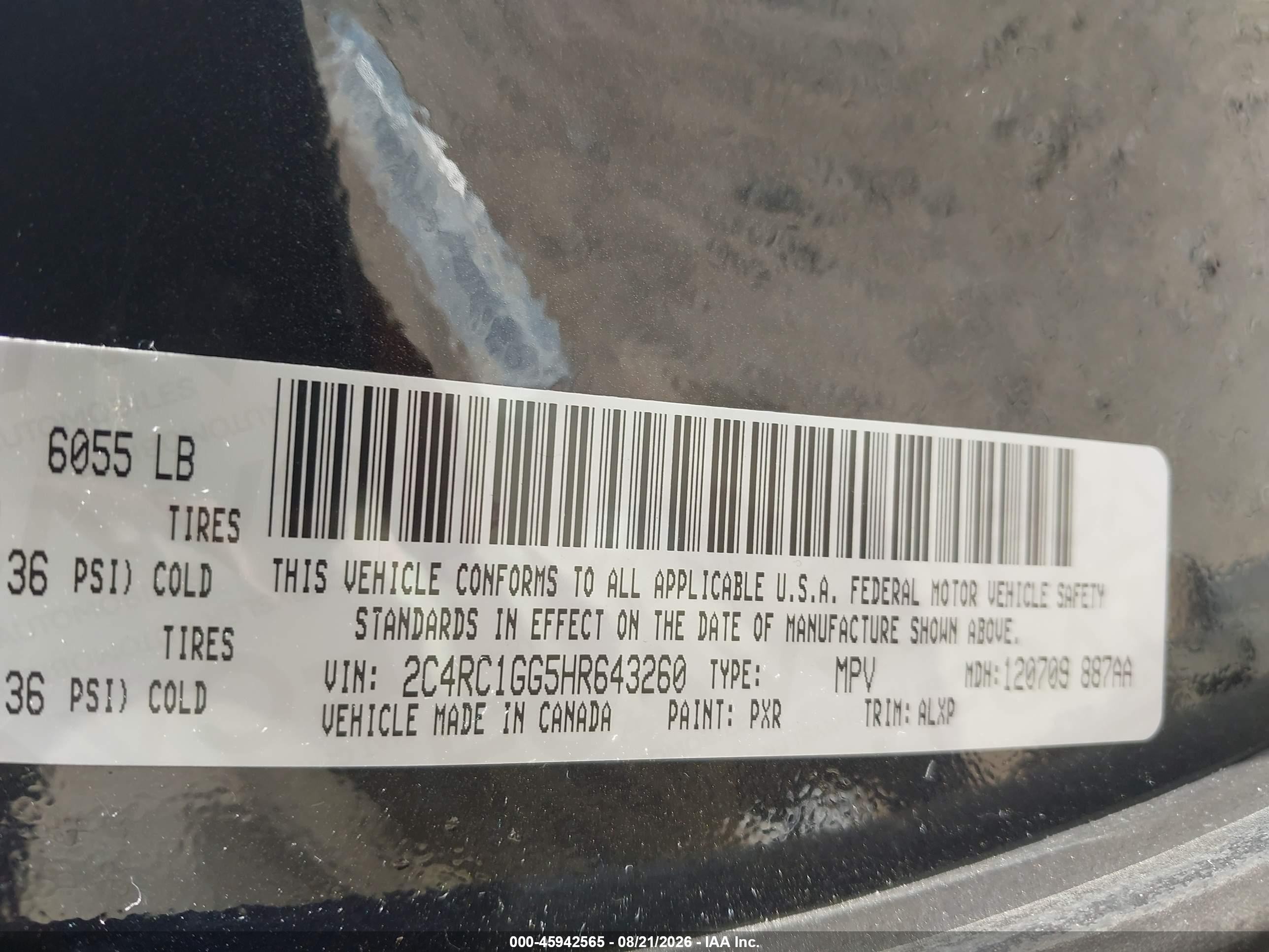 2017 Chrysler Pacifica VIN 2C4RC1GG5HR643260 IAAI salvage auction — Front End, Mv-907A (New York), sold $4,750 on 2026-09-13 (photo 9)
