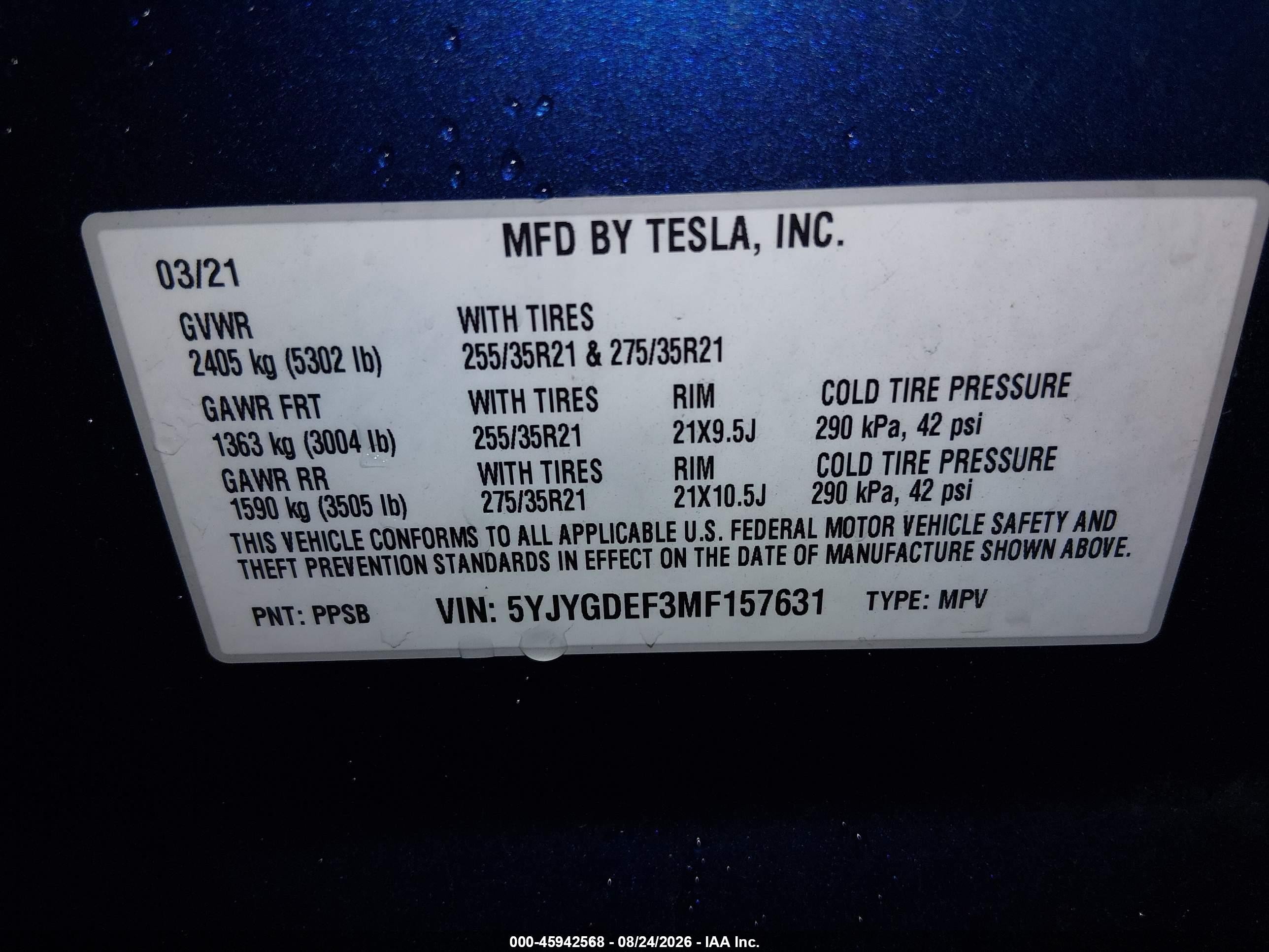 2021 Tesla Model y VIN 5YJYGDEF3MF157631 IAAI salvage auction — Rear End, Salvage (Idaho), sold $9,000 on 2026-09-25 (photo 9)