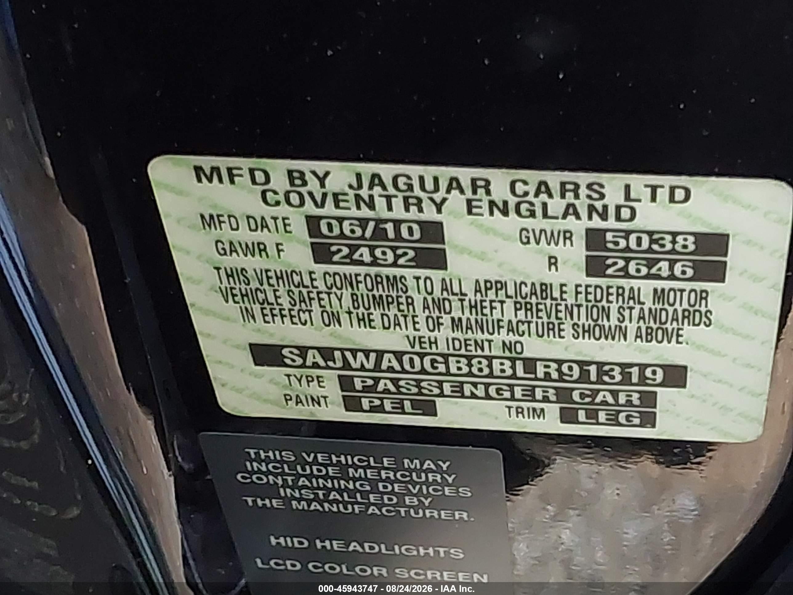 2011 Jaguar Xf VIN SAJWA0GB8BLR91319 IAAI salvage auction — Front End, Salvage - Greater Than 75% (Maryland), sold $500 on 2026-09-12 (photo 9)