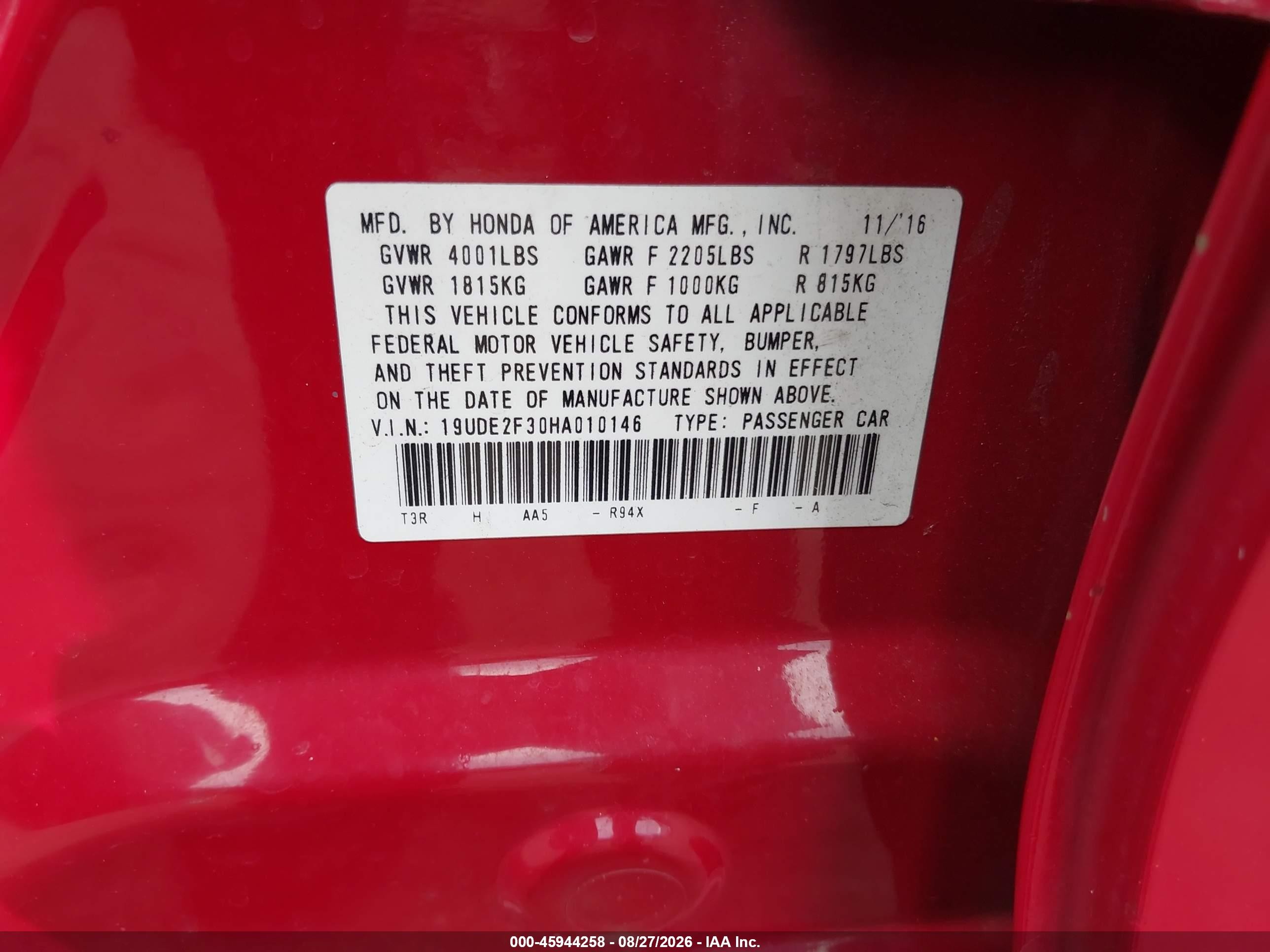 2017 Acura ILX VIN 19UDE2F30HA010146 IAAI salvage auction — Front End, Wait Title, sold $2,750 on 2026-09-20 (photo 9)