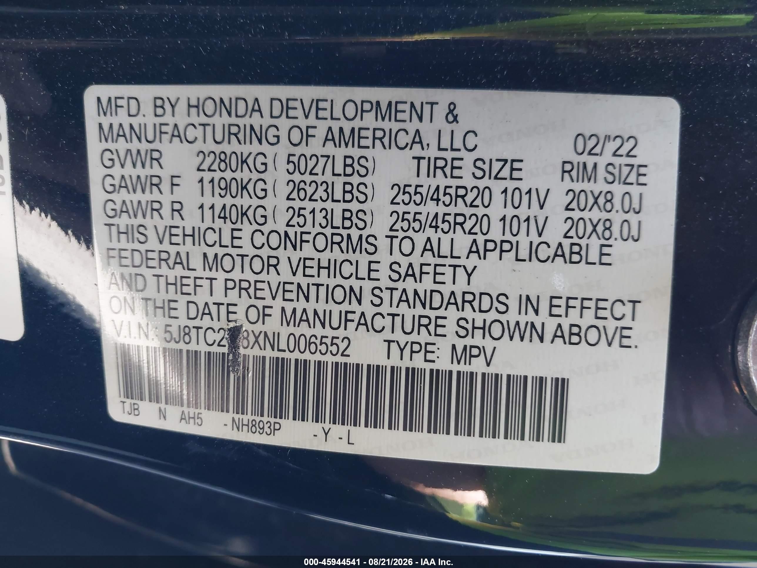 2022 Acura RDX VIN 5J8TC2H8XNL006552 IAAI salvage auction — Side, Salvage Certificate (California), sold $10,700 on 2026-09-19 (photo 9)