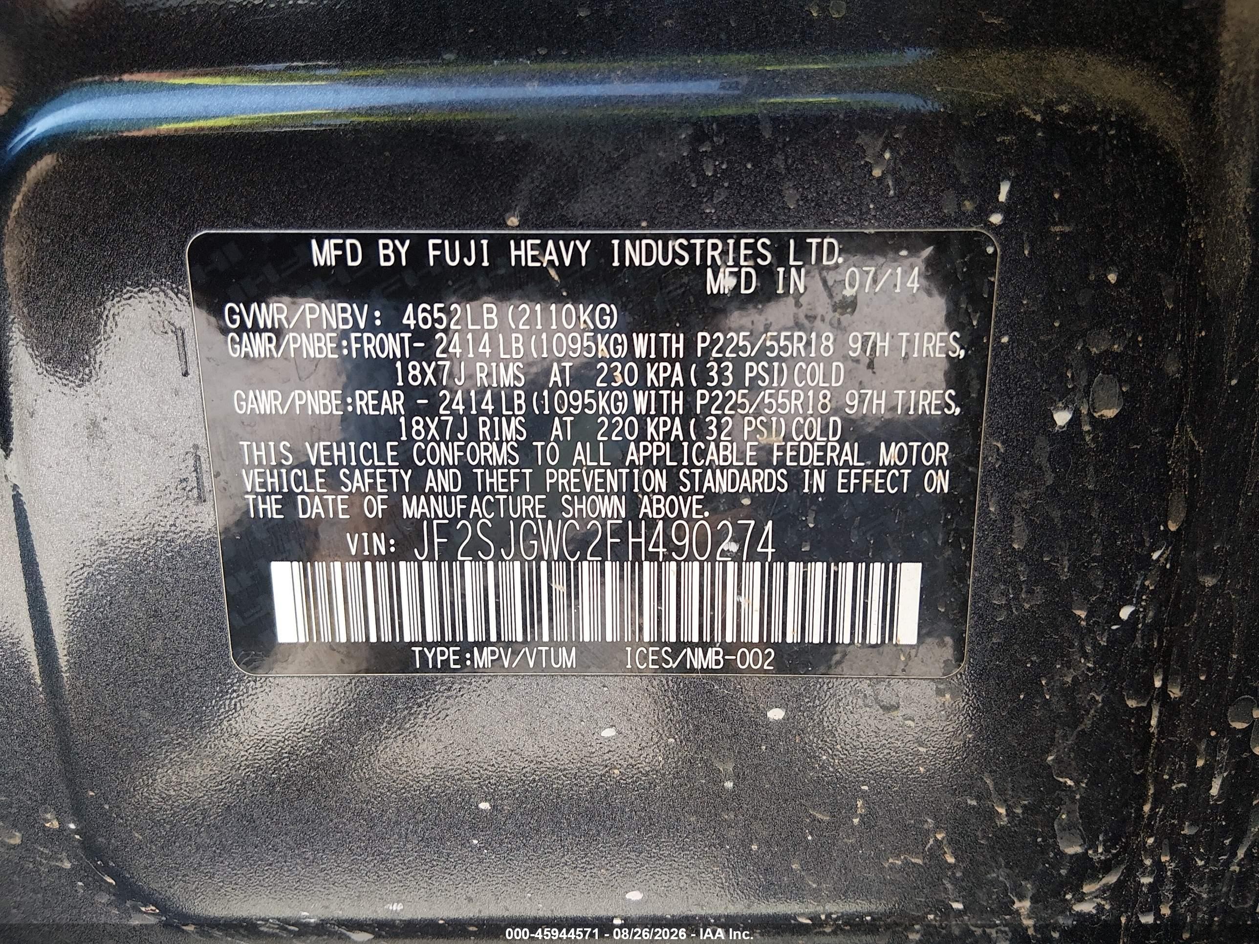 2015 Subaru Forester VIN JF2SJGWC2FH490274 IAAI salvage auction — Normal Wear, Clear (Missouri), sold $1,400 on 2026-09-12 (photo 9)