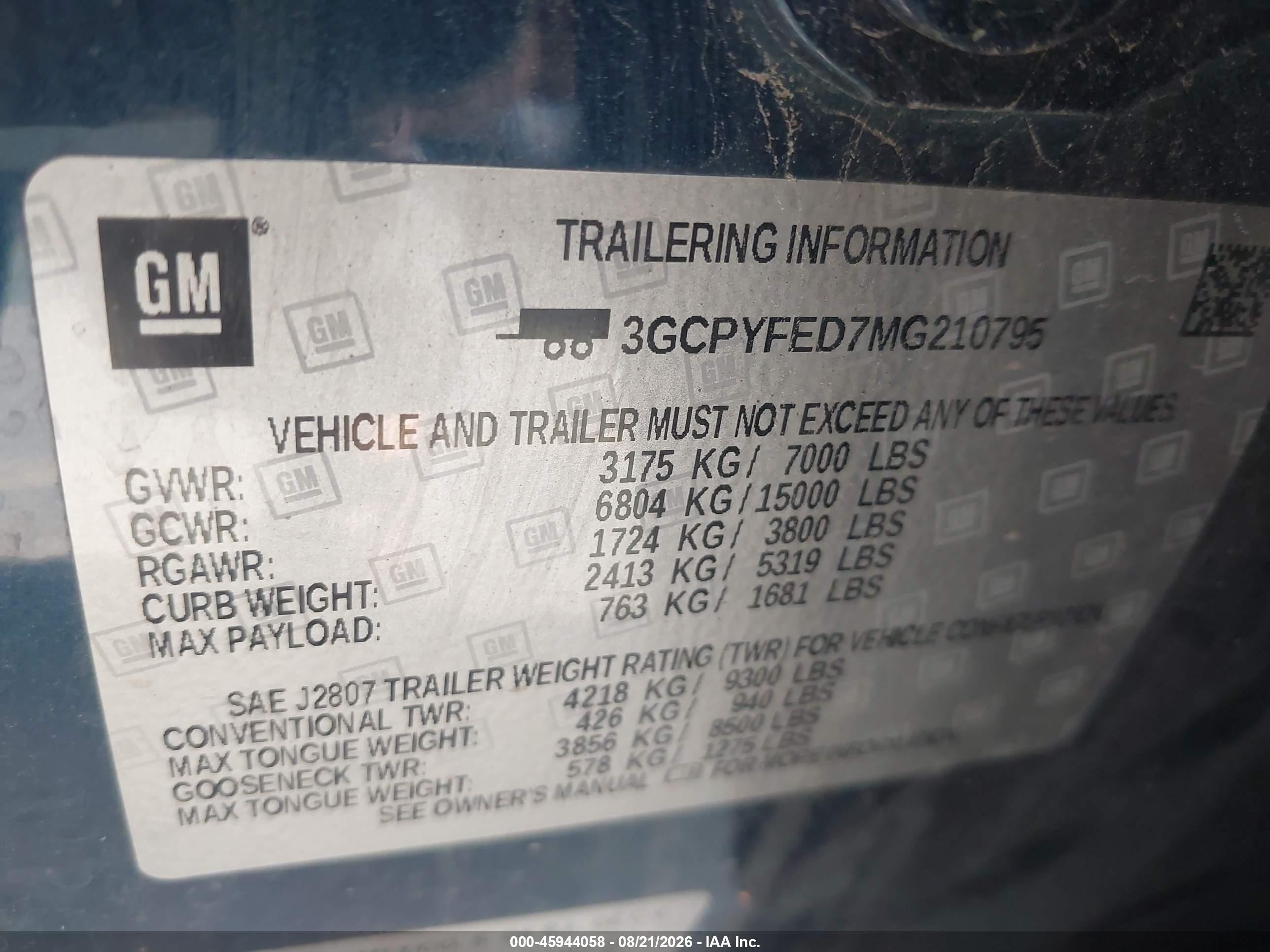 2021 Chevrolet Silverado VIN 3GCPYFED7MG210795 IAAI salvage auction — Mechanical, Salvage (Idaho), sold $7,050 on 2026-09-03 (photo 9)