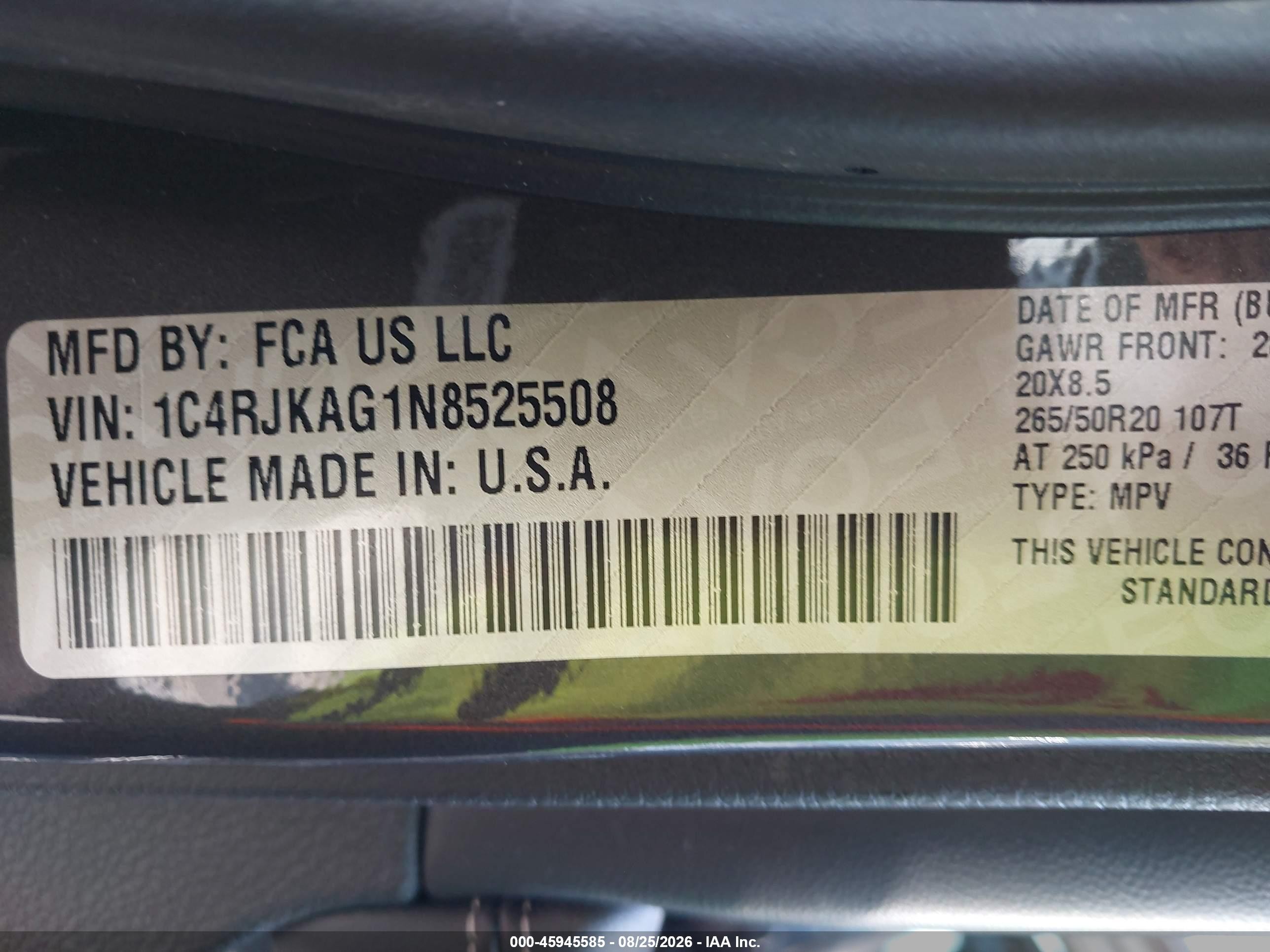 2022 Jeep Grand cherokee VIN 1C4RJKAG1N8525508 IAAI salvage auction — Rear End, Clear (Michigan), sold $11,800 on 2026-09-11 (photo 9)