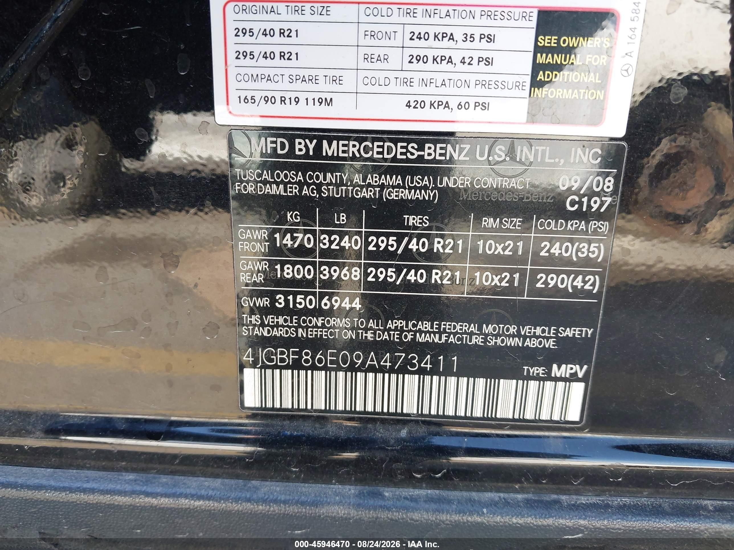 2009 Mercedes-benz Gl-class VIN 4JGBF86E09A473411 IAAI salvage auction — Front End, Salvage (Texas), sold $1,050 on 2026-09-25 (photo 9)