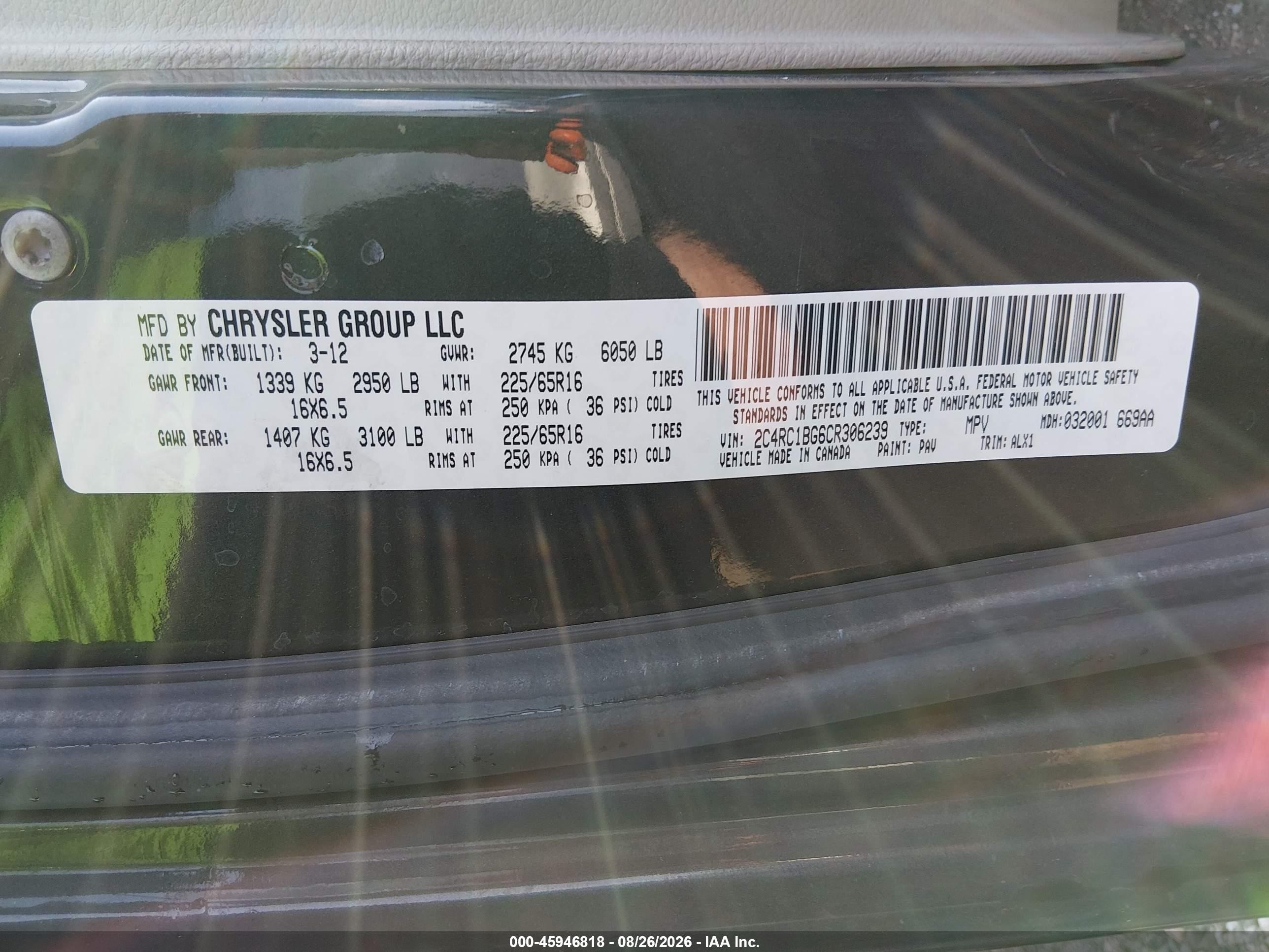 2012 Chrysler Town & country VIN 2C4RC1BG6CR306239 IAAI salvage auction — Front End, Wait Title, sold $350 on 2026-09-20 (photo 9)