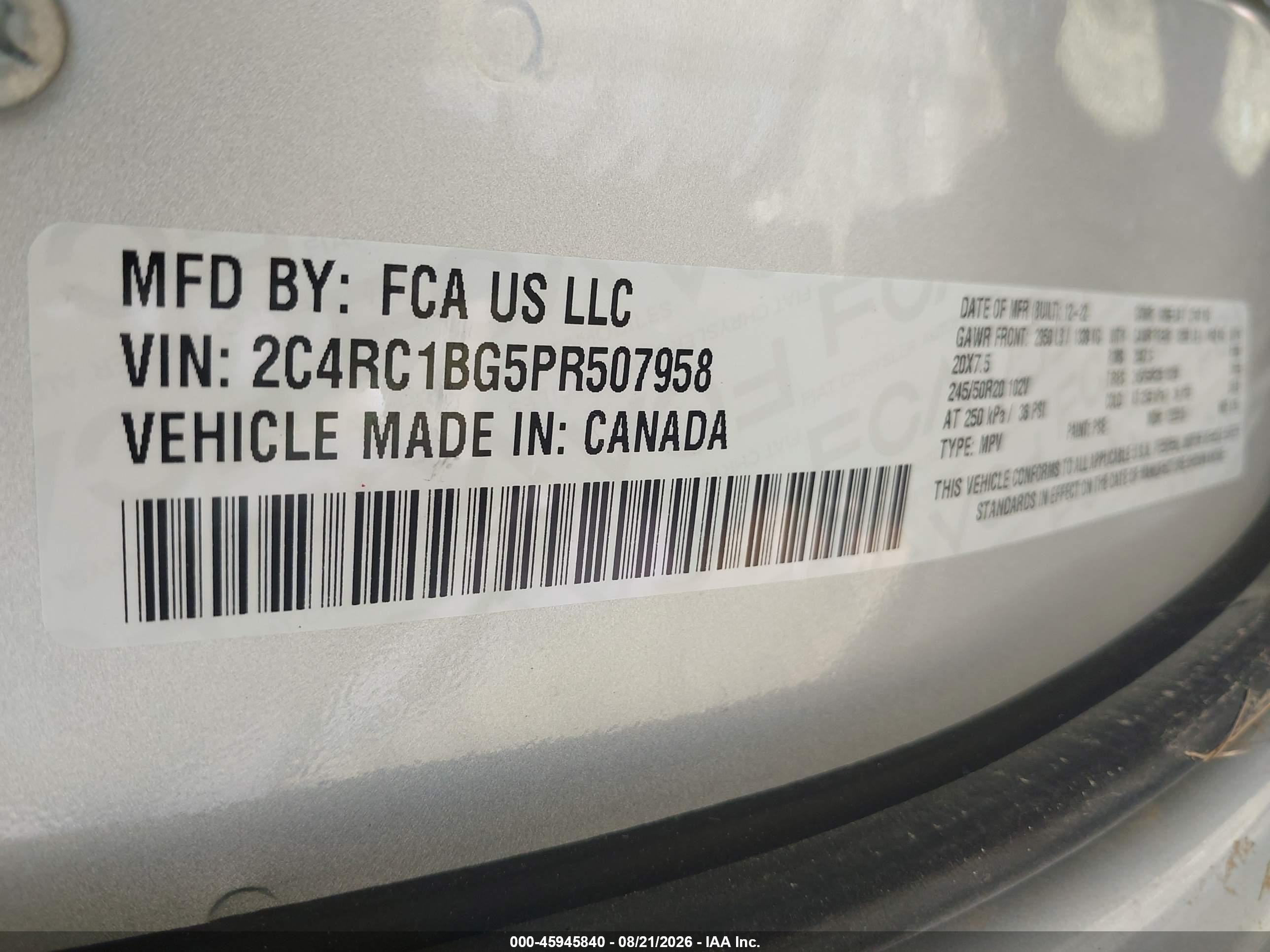 2023 Chrysler Pacifica VIN 2C4RC1BG5PR507958 IAAI salvage auction — Water/Flood, Wait Title, sold $6,500 on 2026-09-22 (photo 9)