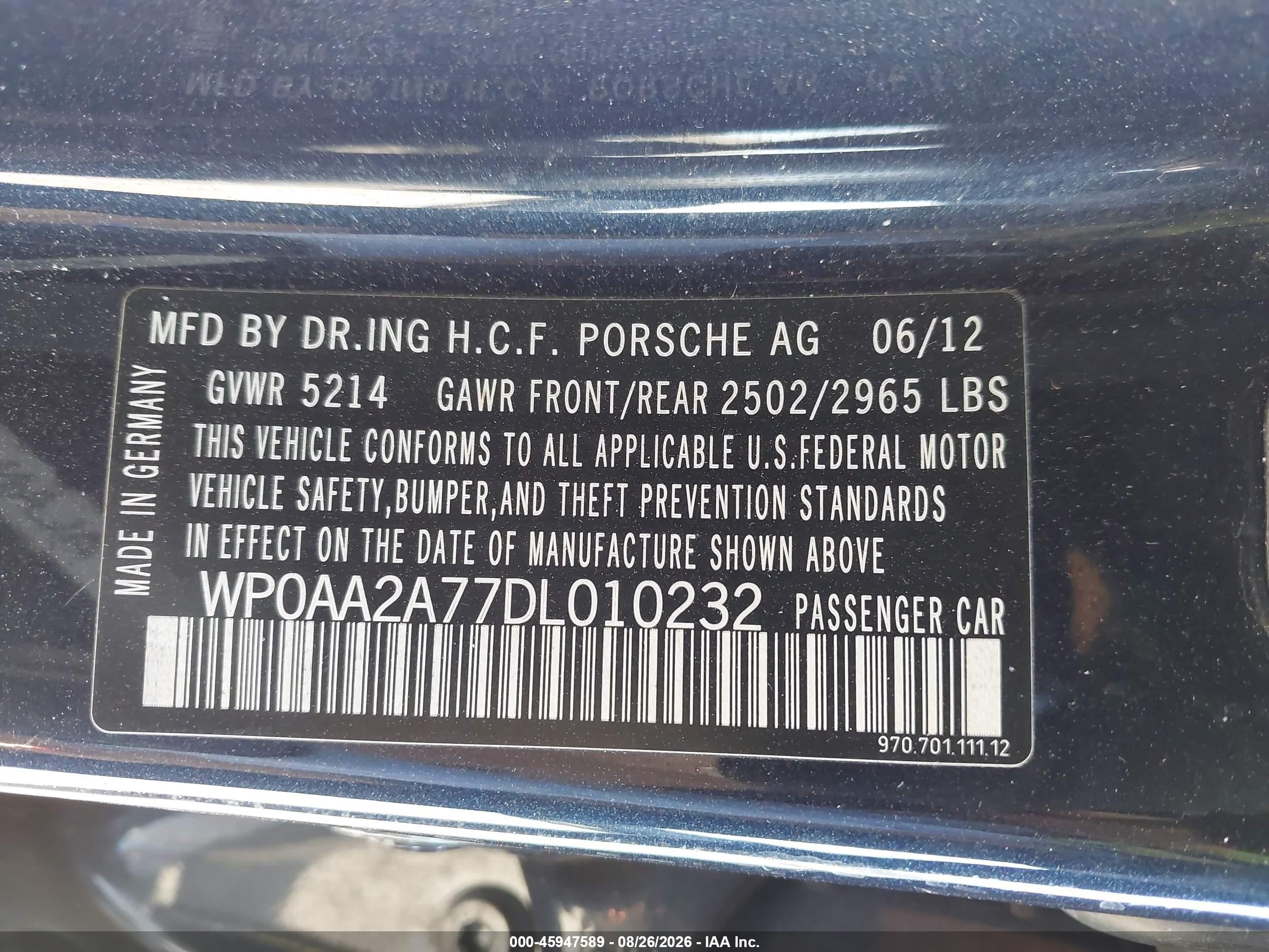 2013 Porsche Panamera VIN WP0AA2A77DL010232 IAAI salvage auction — Undercarriage, Salvage (California), sold $4,550 on 2026-09-12 (photo 9)