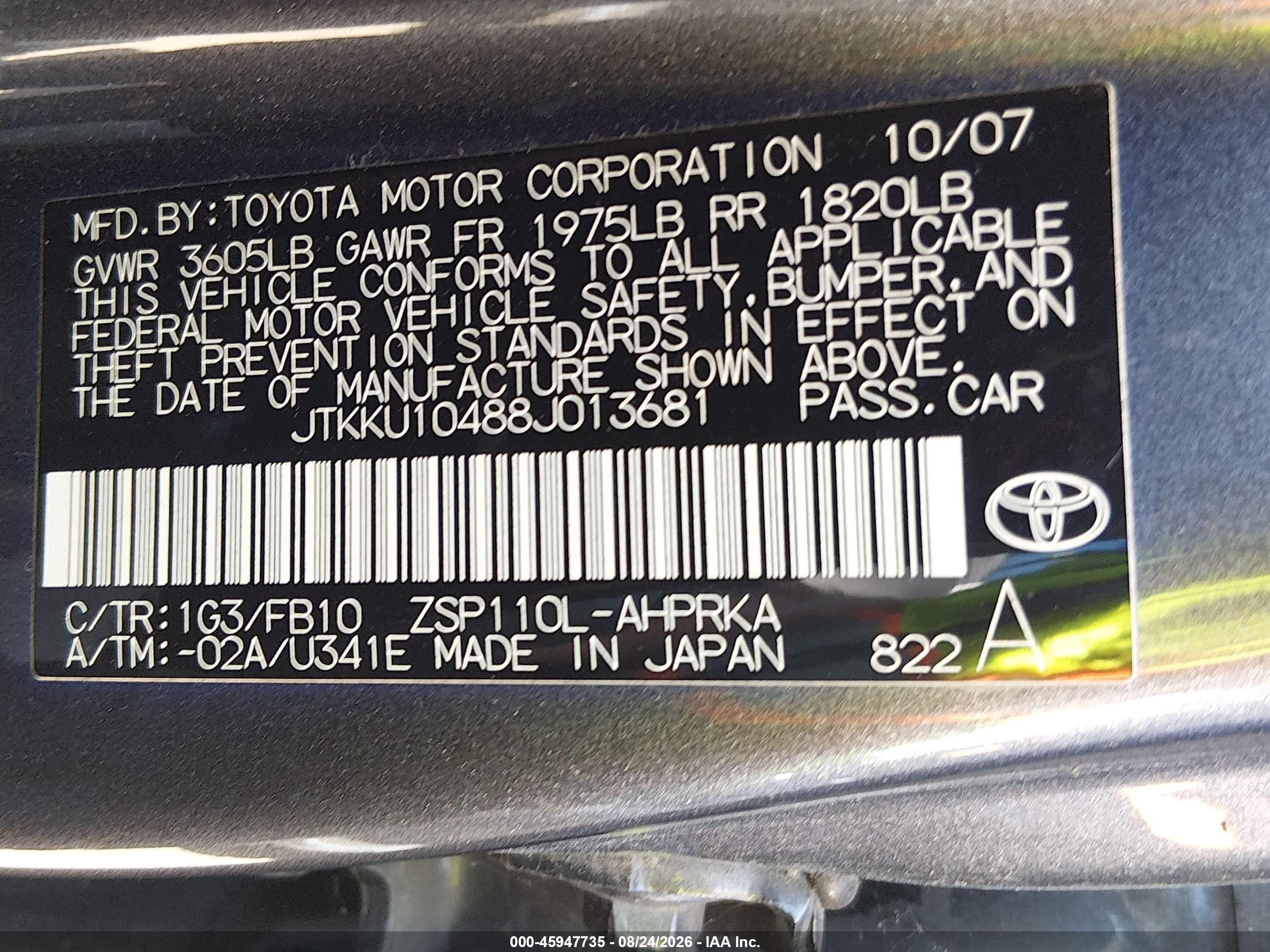 2008 Scion Xd VIN JTKKU10488J013681 IAAI salvage auction — Front & Rear, Rebuilt-Non-Public (Washington), sold $575 on 2026-10-01 (photo 9)