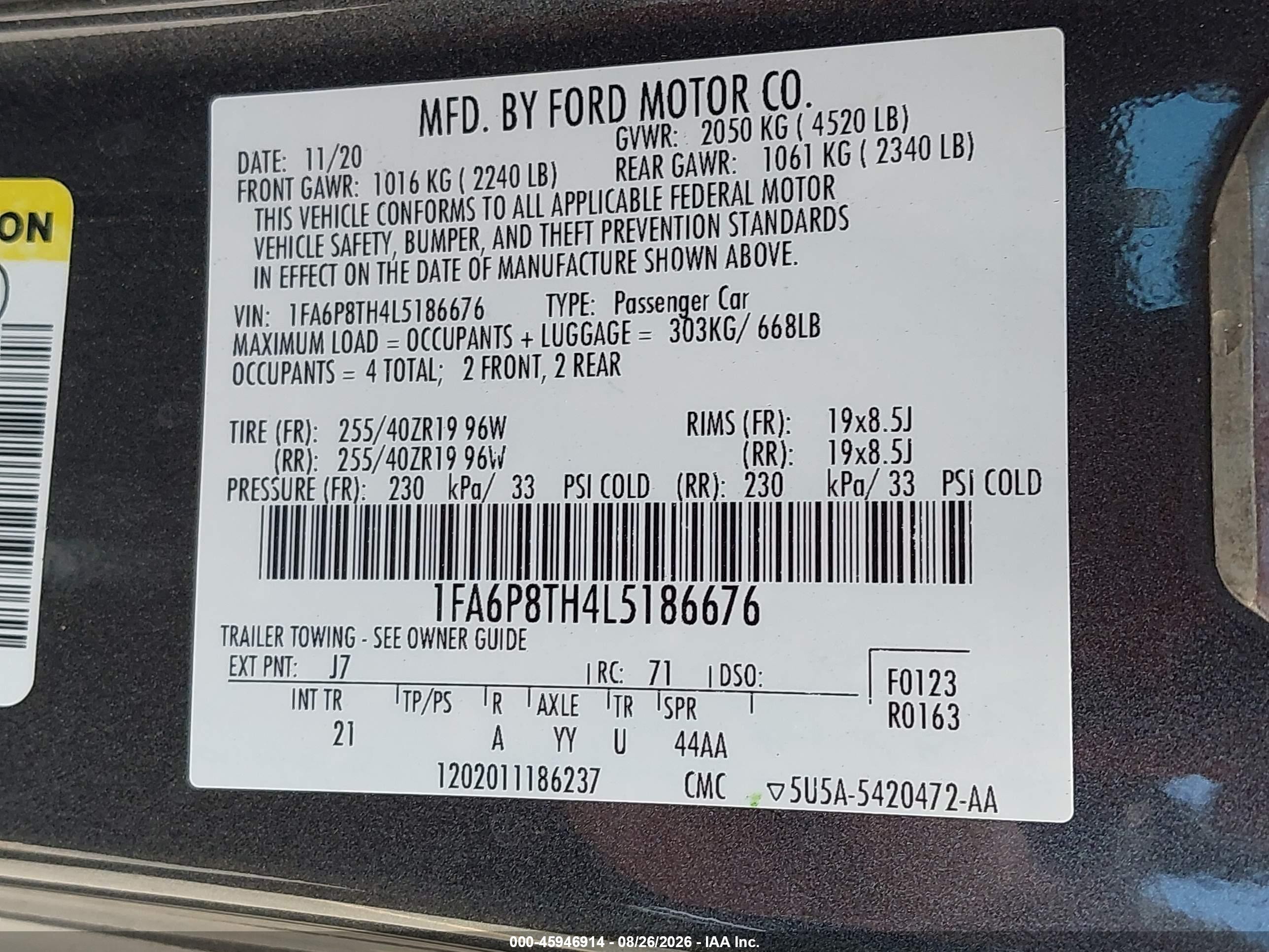 2020 Ford Mustang VIN 1FA6P8TH4L5186676 IAAI salvage auction — Front End, Salvage (California), sold $6,000 on 2026-09-13 (photo 9)