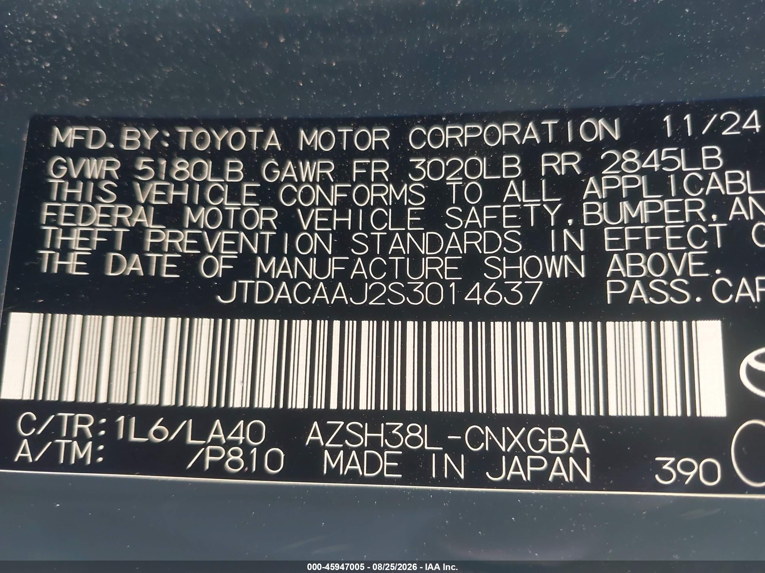 2025 Toyota Crown VIN JTDACAAJ2S3014637 IAAI salvage auction — Front End, Salvage (California), sold $13,100 on 2026-10-15 (photo 9)
