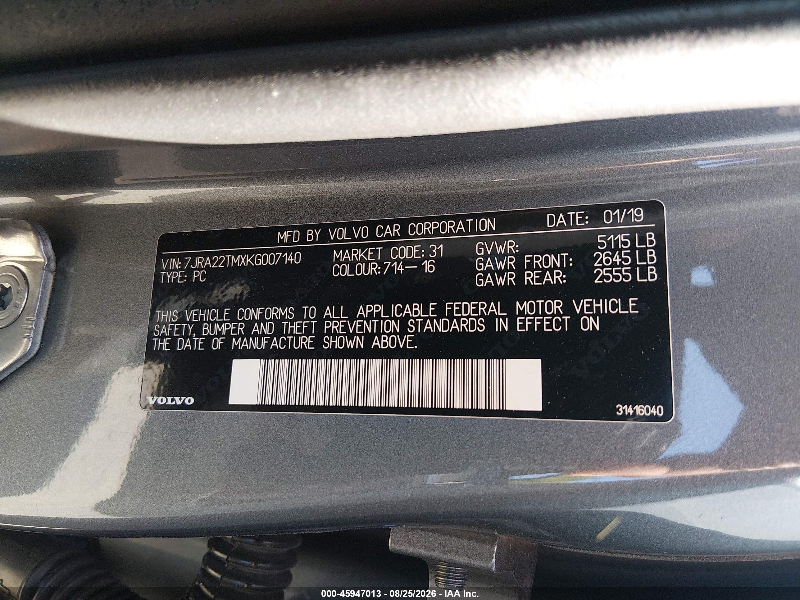 2019 Volvo S60 VIN 7JRA22TMXKG007140 IAAI salvage auction — Front End, Salvage (Connecticut), sold $8,700 on 2026-09-11 (photo 9)