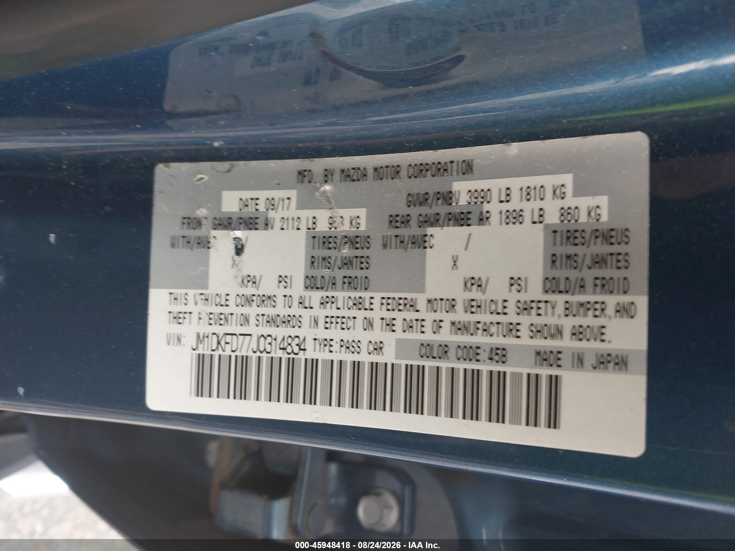 2018 Mazda Cx-3 VIN JM1DKFD77J0314834 IAAI salvage auction — Front End, Salvage (Pennsylvania), sold $2,875 on 2026-09-25 (photo 9)