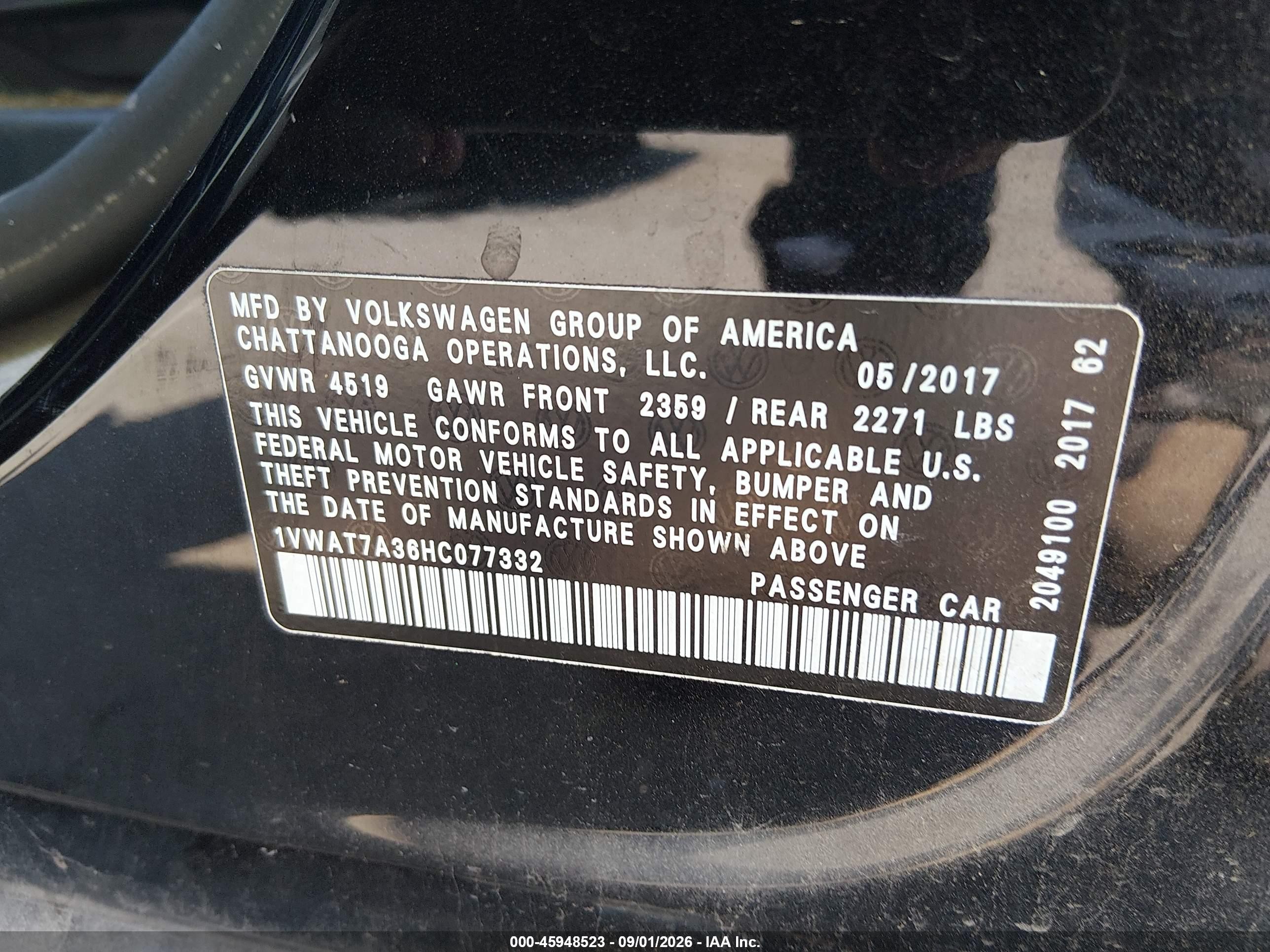 2017 Volkswagen Passat VIN 1VWAT7A36HC077332 IAAI salvage auction — Unknown, Salvage (South Carolina), sold $700 on 2026-09-23 (photo 9)