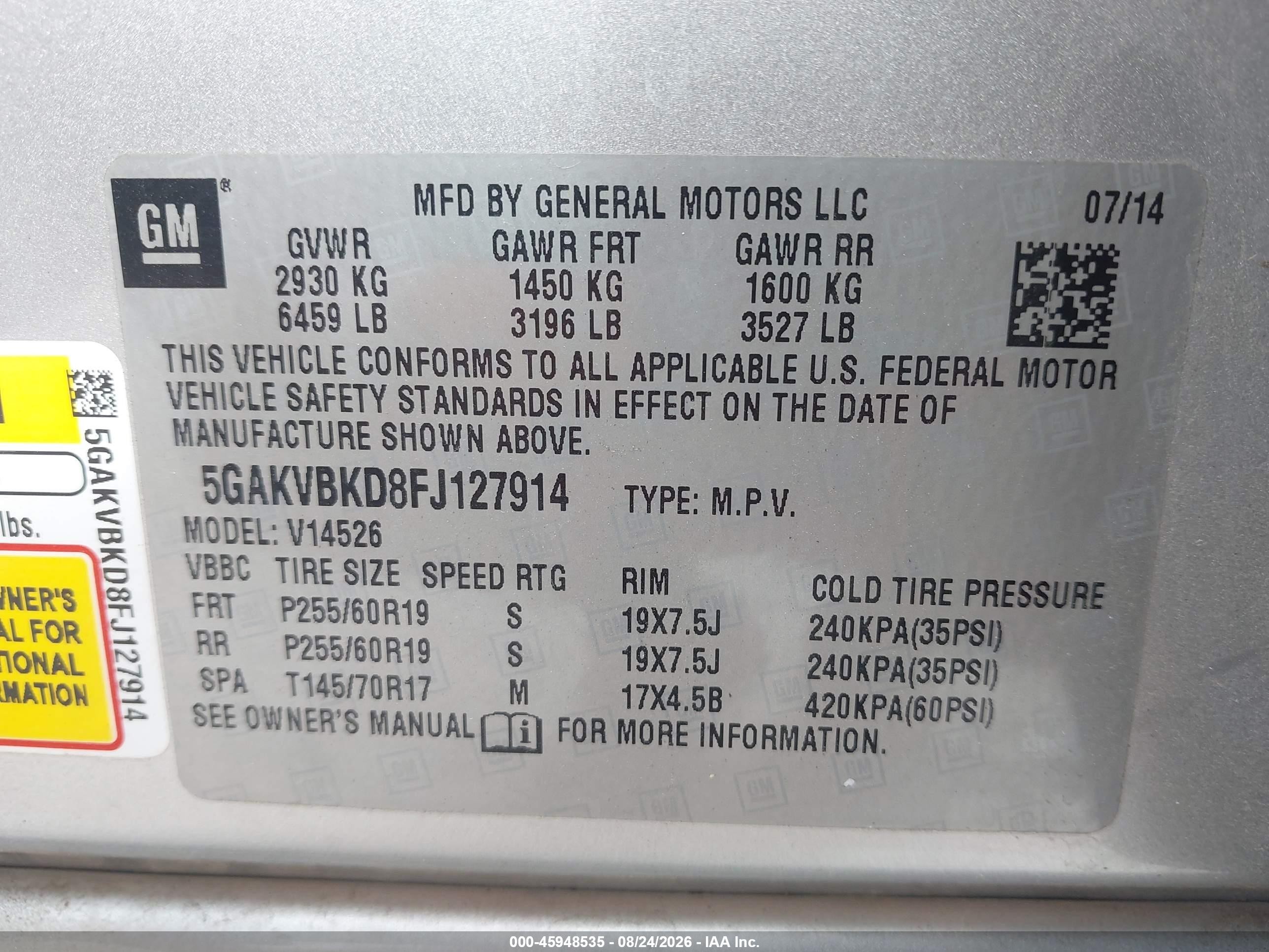 2015 Buick Enclave VIN 5GAKVBKD8FJ127914 IAAI salvage auction — Rear End, Clear (Wisconsin), sold $2,800 on 2026-09-05 (photo 9)