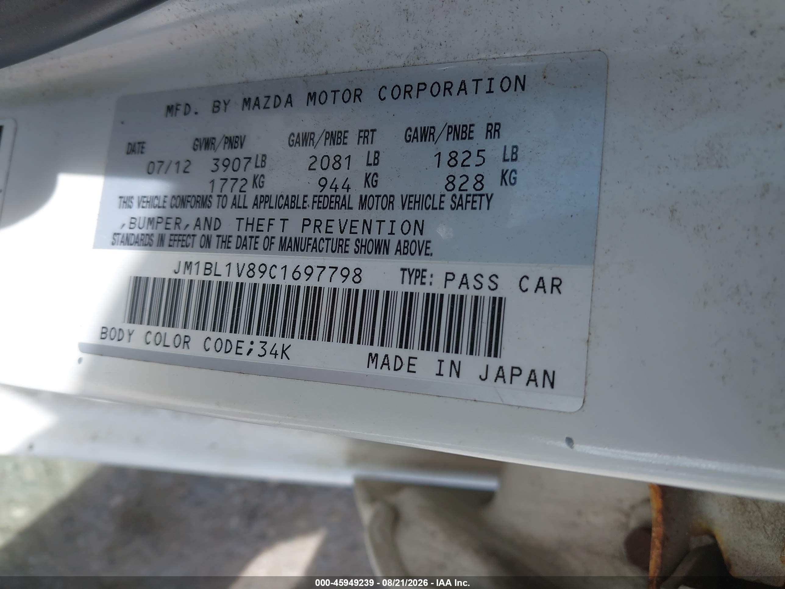 2012 Mazda 3 VIN JM1BL1V89C1697798 IAAI salvage auction — Normal Wear, Original (Maine), sold $300 on 2026-09-08 (photo 9)