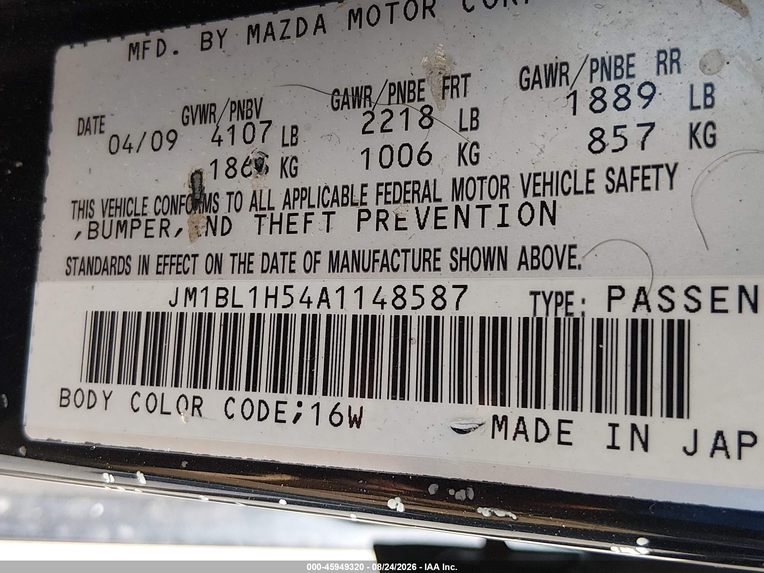 2010 Mazda 3 VIN JM1BL1H54A1148587 IAAI salvage auction — Front End, Salvage (Texas), sold $700 on 2026-10-01 (photo 9)