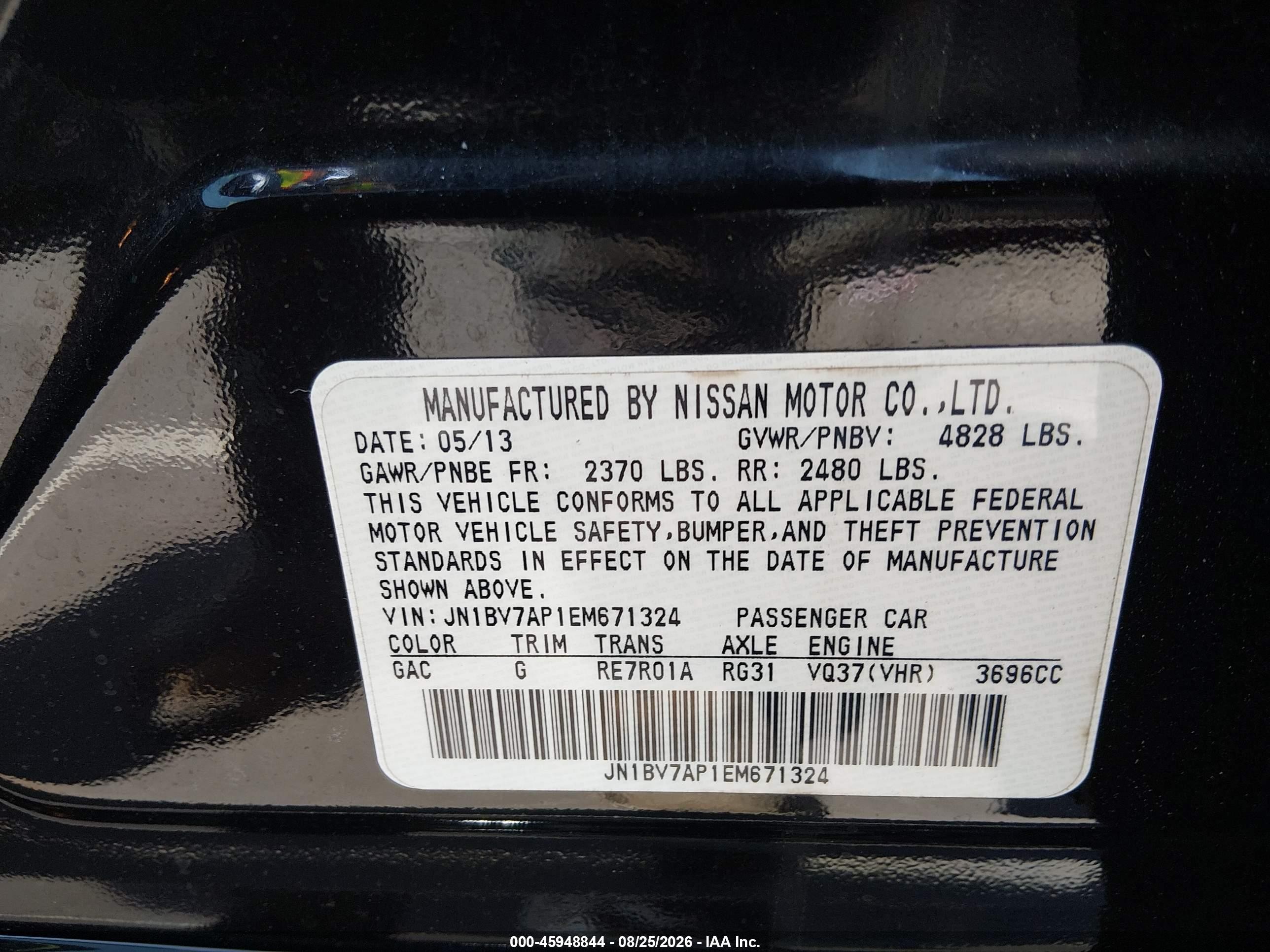 2014 Infiniti Q50 VIN JN1BV7AP1EM671324 IAAI salvage auction — Unknown, Salvage (North Carolina), sold $2,200 on 2026-09-11 (photo 9)