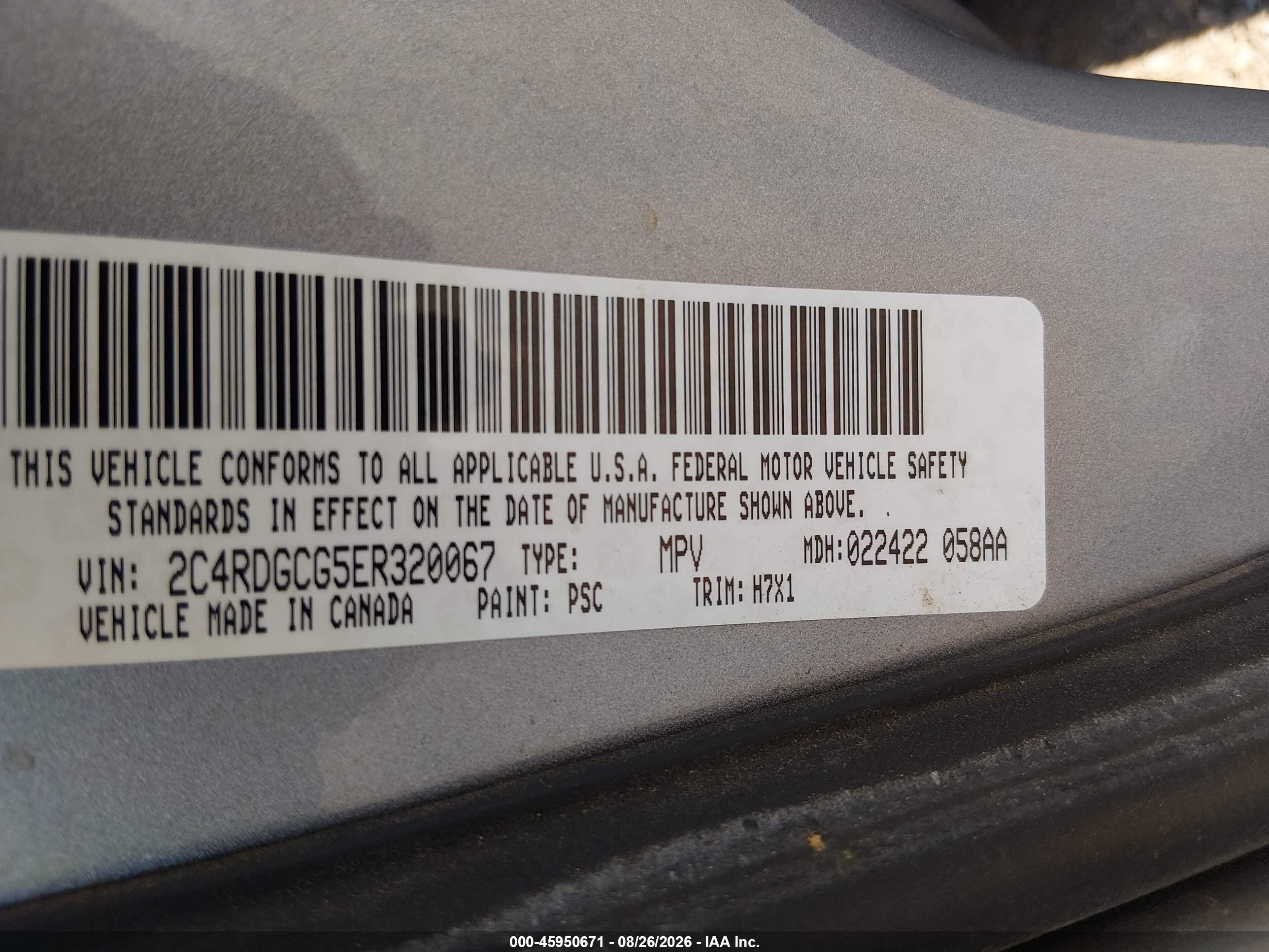 2014 Dodge Caravan VIN 2C4RDGCG5ER320067 IAAI salvage auction — Normal Wear, Clear-Dealer Only (Washington), sold $900 on 2026-09-30 (photo 9)