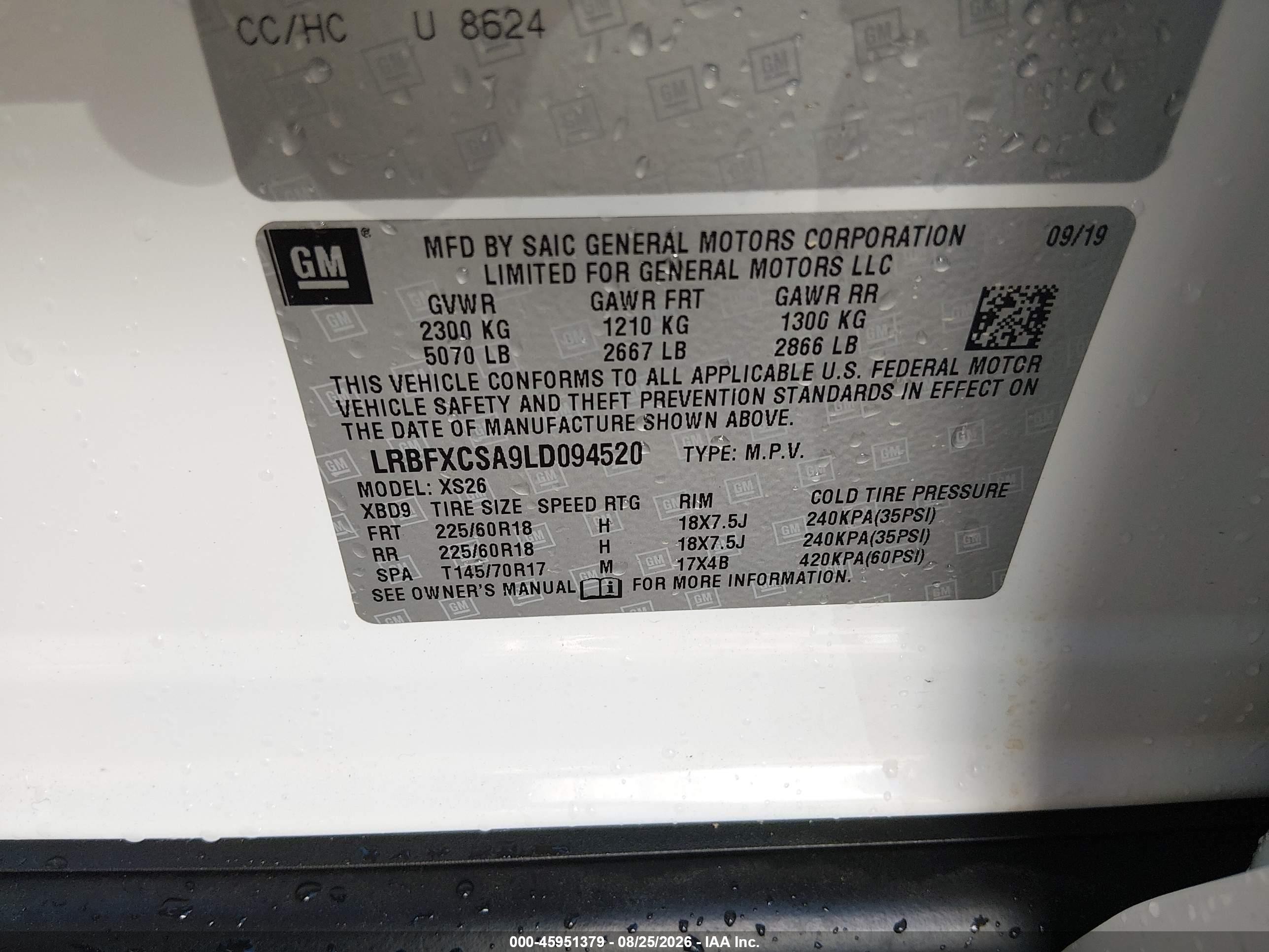 2020 Buick Envision VIN LRBFXCSA9LD094520 IAAI salvage auction — Side, Wait Title, sold $2,950 on 2026-09-21 (photo 9)