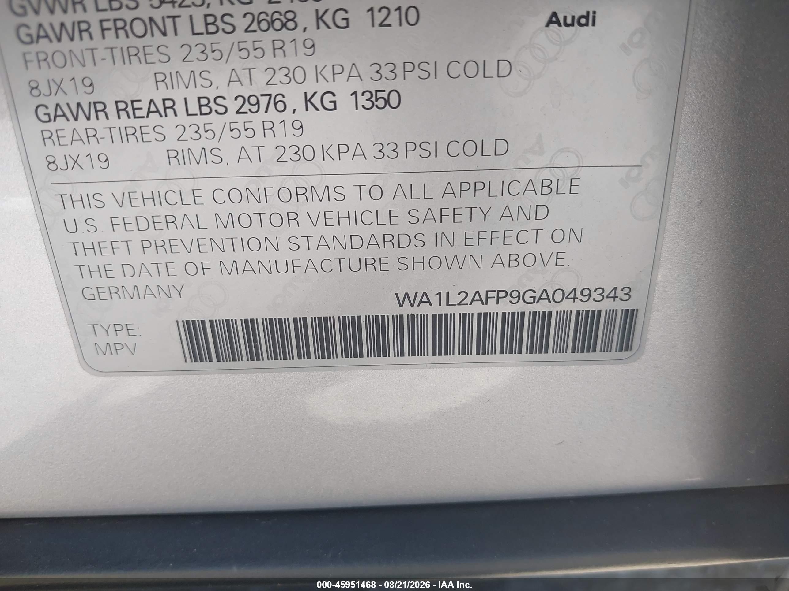 2016 Audi Q5 VIN WA1L2AFP9GA049343 IAAI salvage auction — Front End, Salvage (California), sold $3,850 on 2026-09-19 (photo 9)