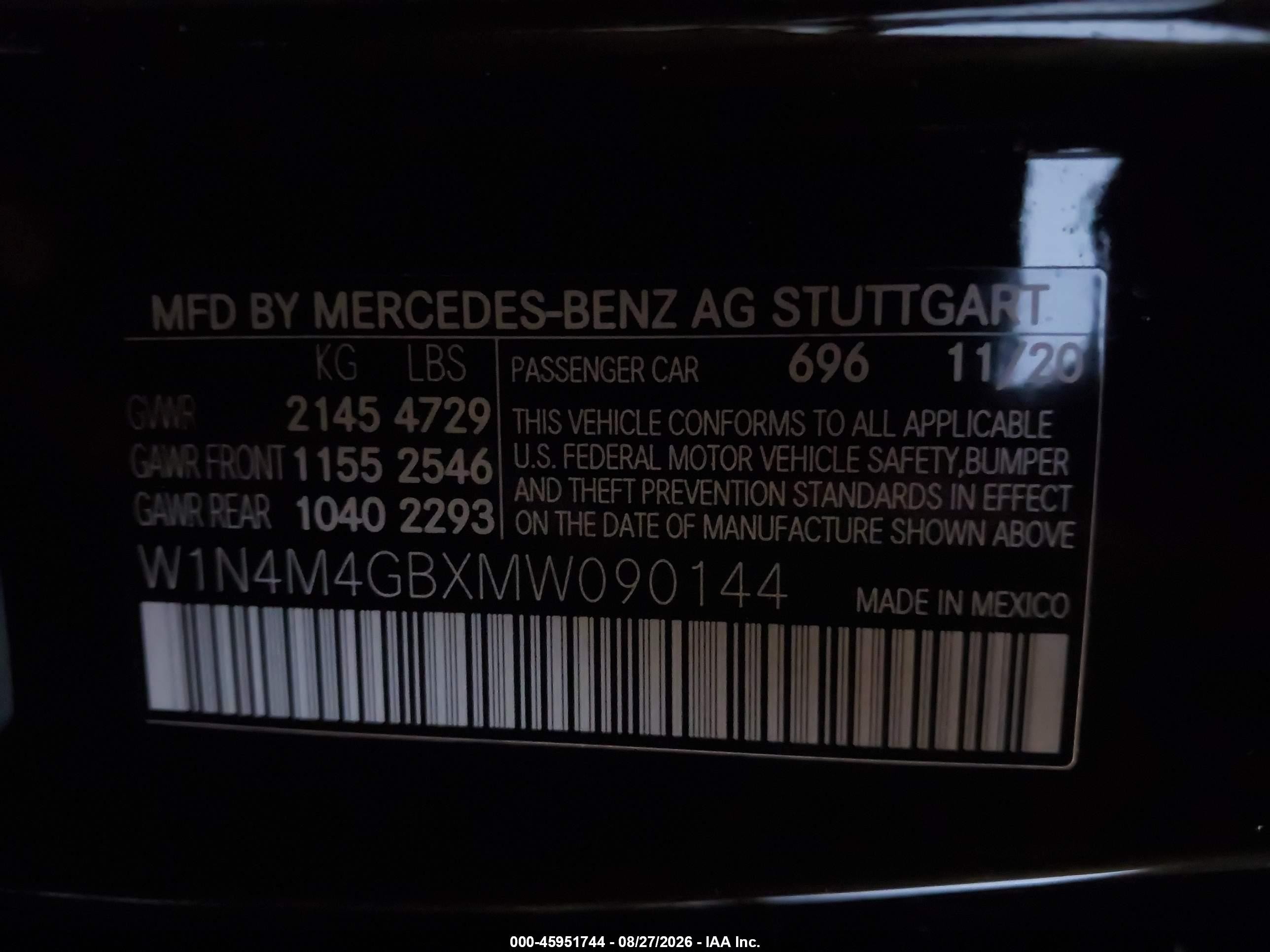 2021 Mercedes-Benz GLB-Class VIN W1N4M4GBXMW090144 IAAI salvage auction — Front End, Salvage (Louisiana), sold $8,000 on 2026-10-10 (photo 9)