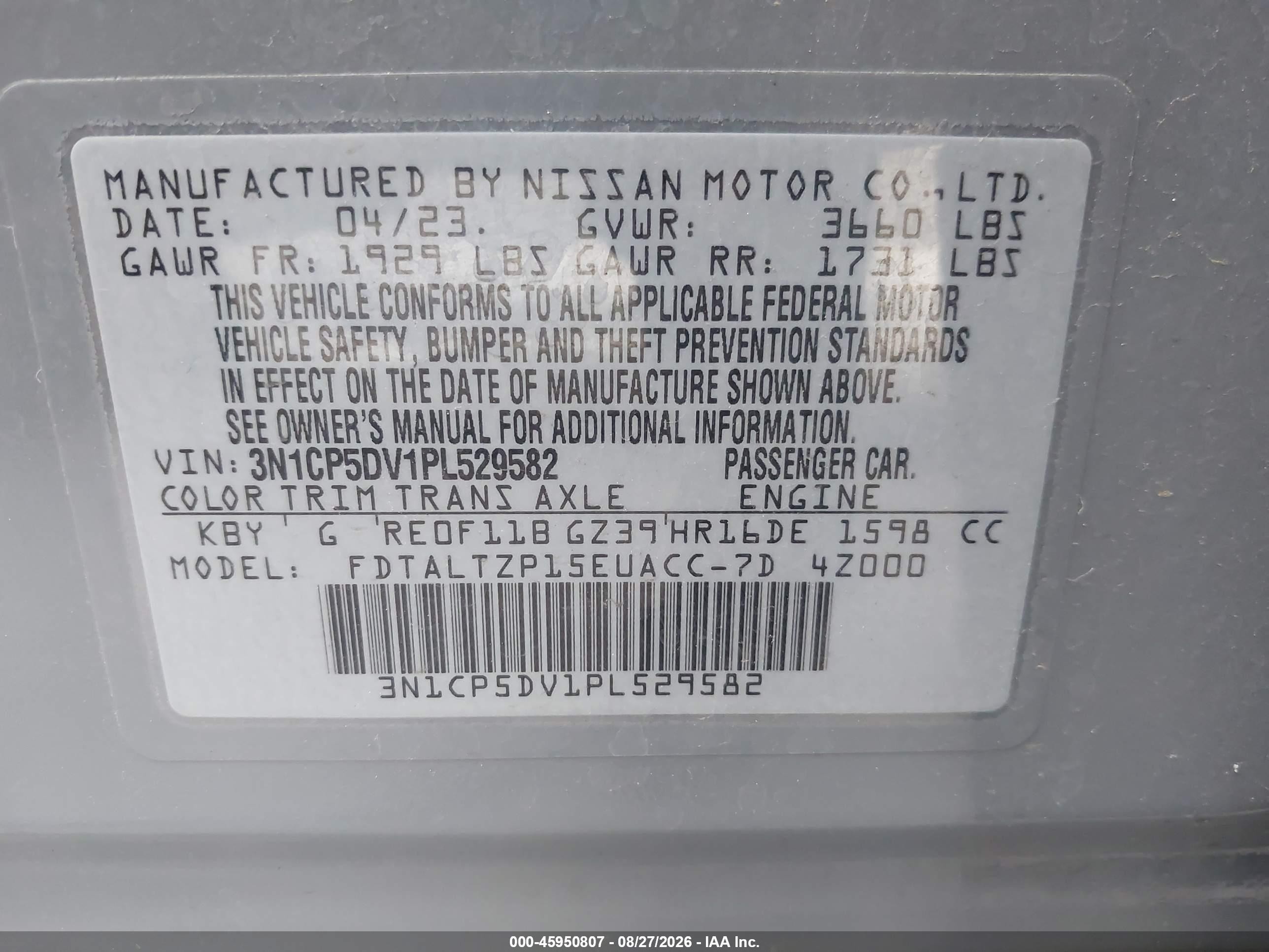 2023 Nissan Kicks VIN 3N1CP5DV1PL529582 IAAI salvage auction — Rear End, Salvage Certificate (California), sold $2,500 on 2026-09-12 (photo 9)