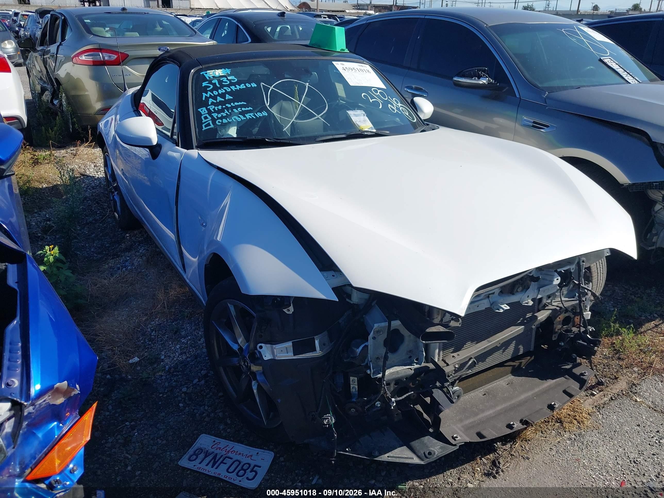 2022 Mazda MX-5 Miata VIN JM1NDAD72N0505925 IAAI salvage auction — Front End, Salvage Certificate (California), sold $4,150 on 2026-09-12 (photo 1)