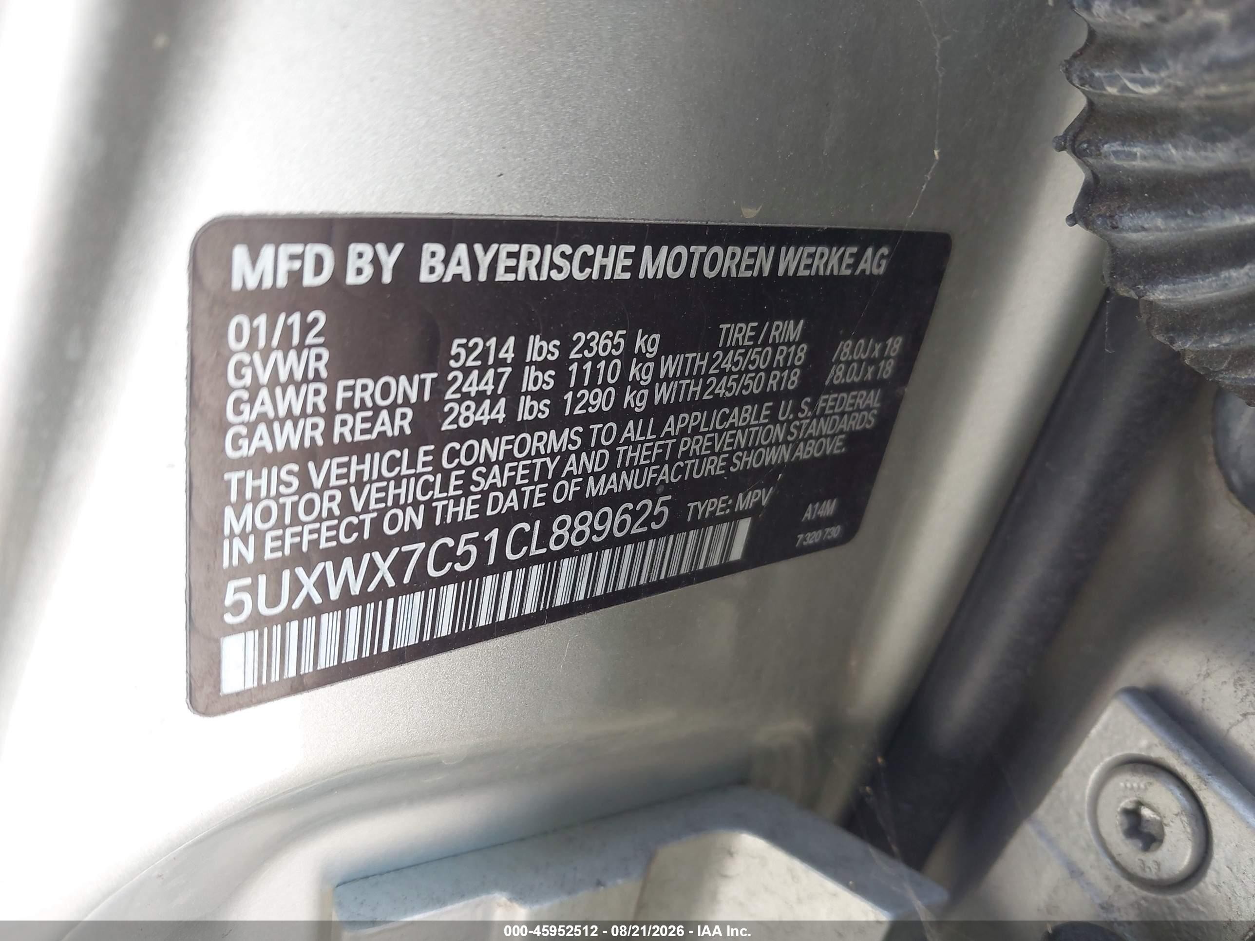 2012 BMW X3 VIN 5UXWX7C51CL889625 IAAI salvage auction — Normal Wear, Clear - Dealer Only (California), sold $700 on 2026-09-27 (photo 9)