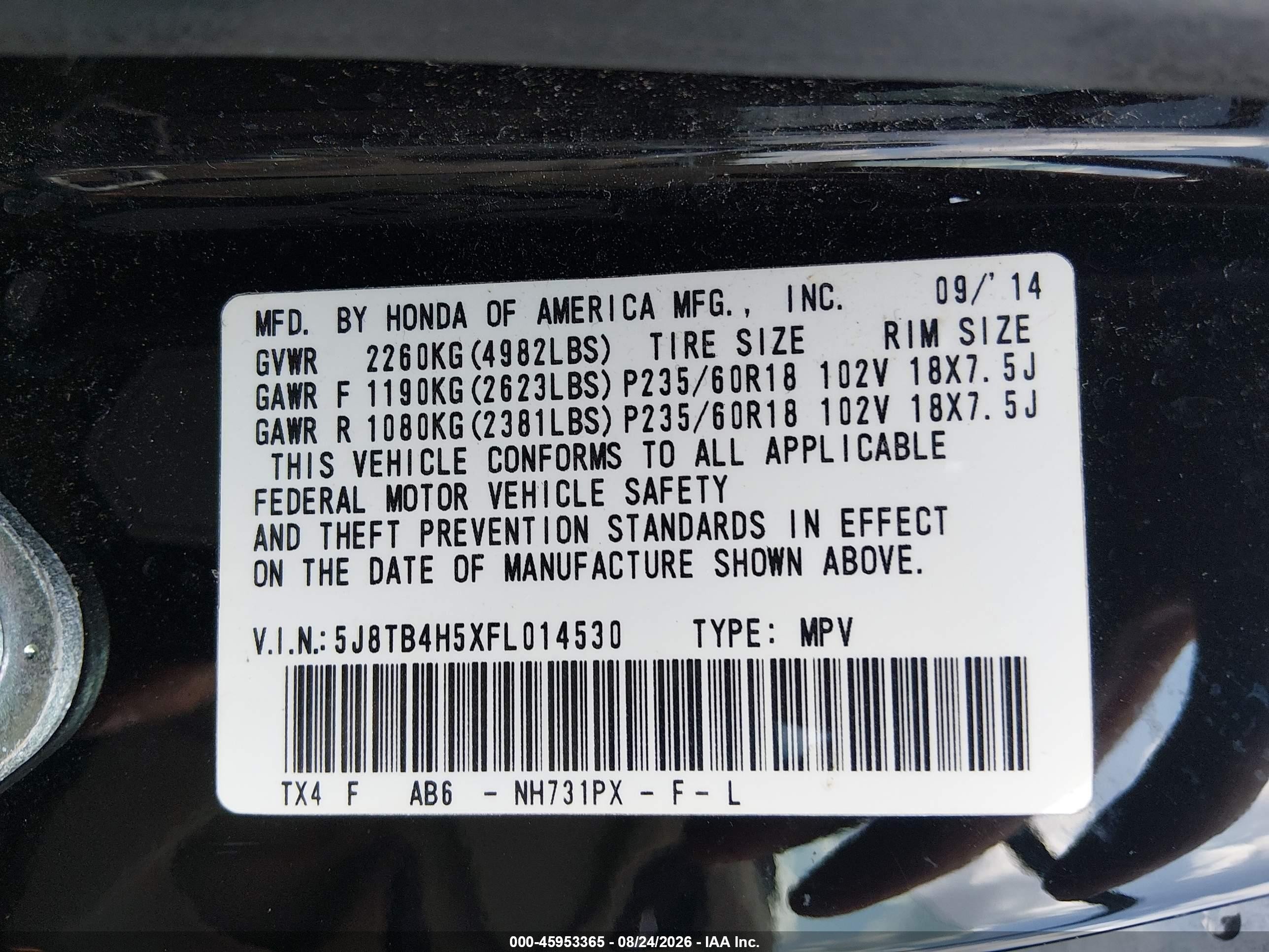 2015 Acura RDX VIN 5J8TB4H5XFL014530 IAAI salvage auction — Front End, Salvage (Ohio), sold $2,400 on 2026-09-12 (photo 9)