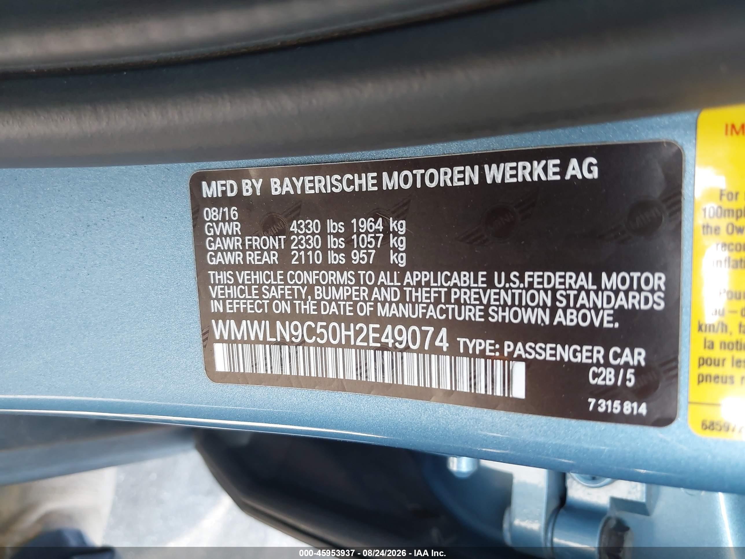 2017 Mini Cooper Clubman VIN WMWLN9C50H2E49074 IAAI salvage auction — Rear End, Salvage Certificate (California), sold $2,850 on 2026-09-13 (photo 9)