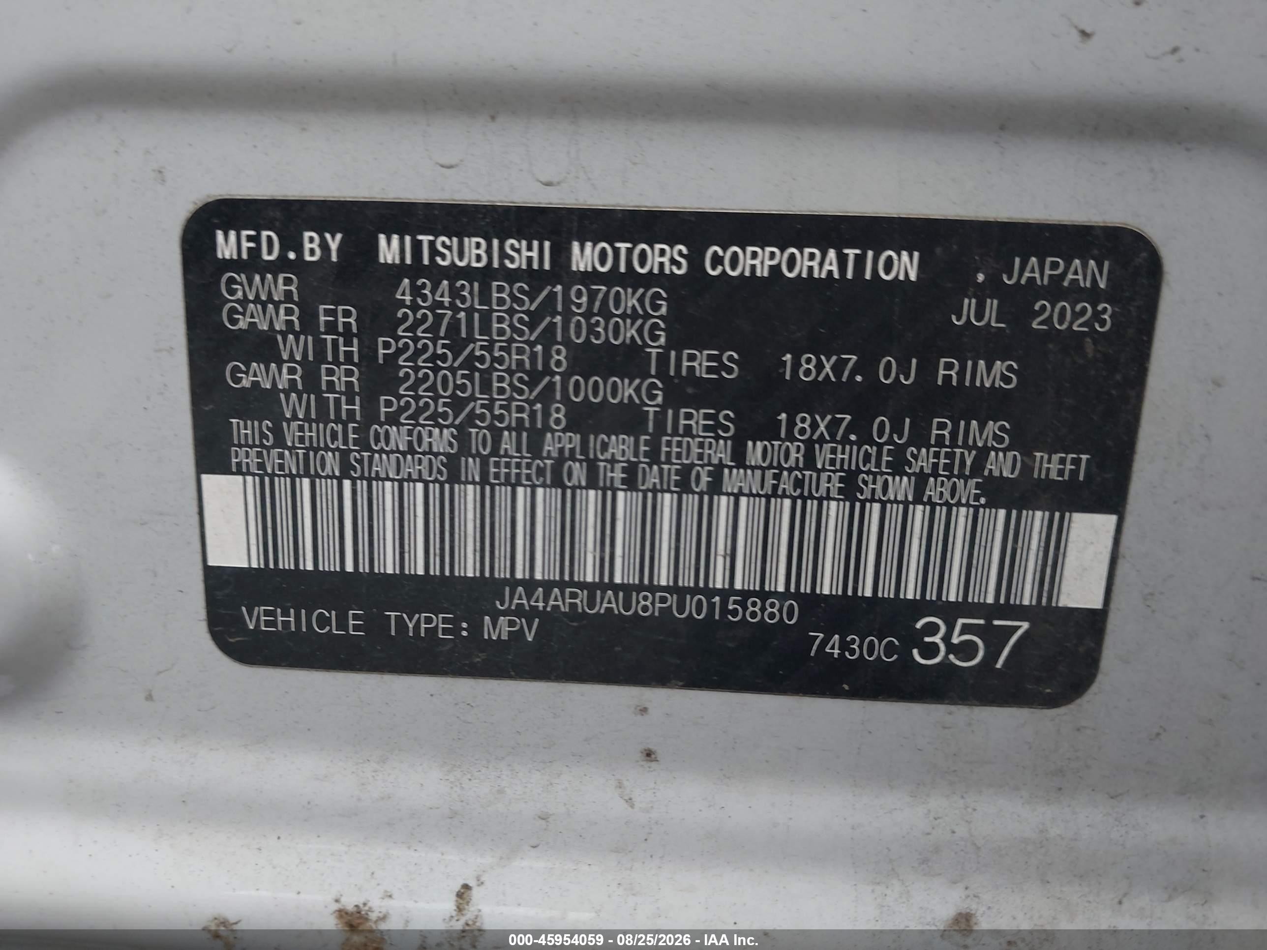 2023 Mitsubishi Outlander VIN JA4ARUAU8PU015880 IAAI salvage auction — Front End, Salvage (Pennsylvania), sold $4,300 on 2026-09-19 (photo 9)