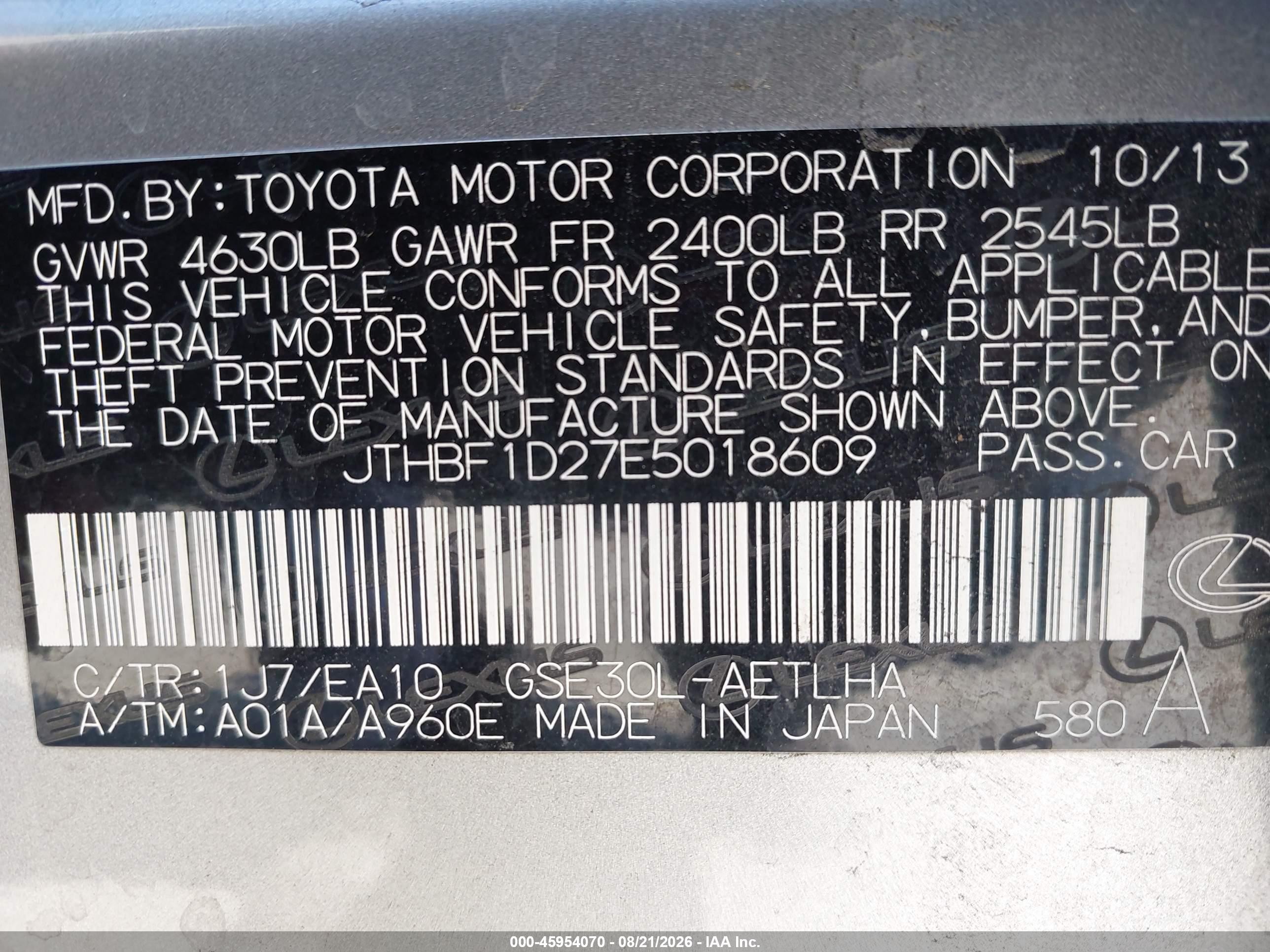 2014 Lexus IS 250 VIN JTHBF1D27E5018609 IAAI salvage auction — Side, Salvage (California), sold $3,500 on 2026-09-24 (photo 9)