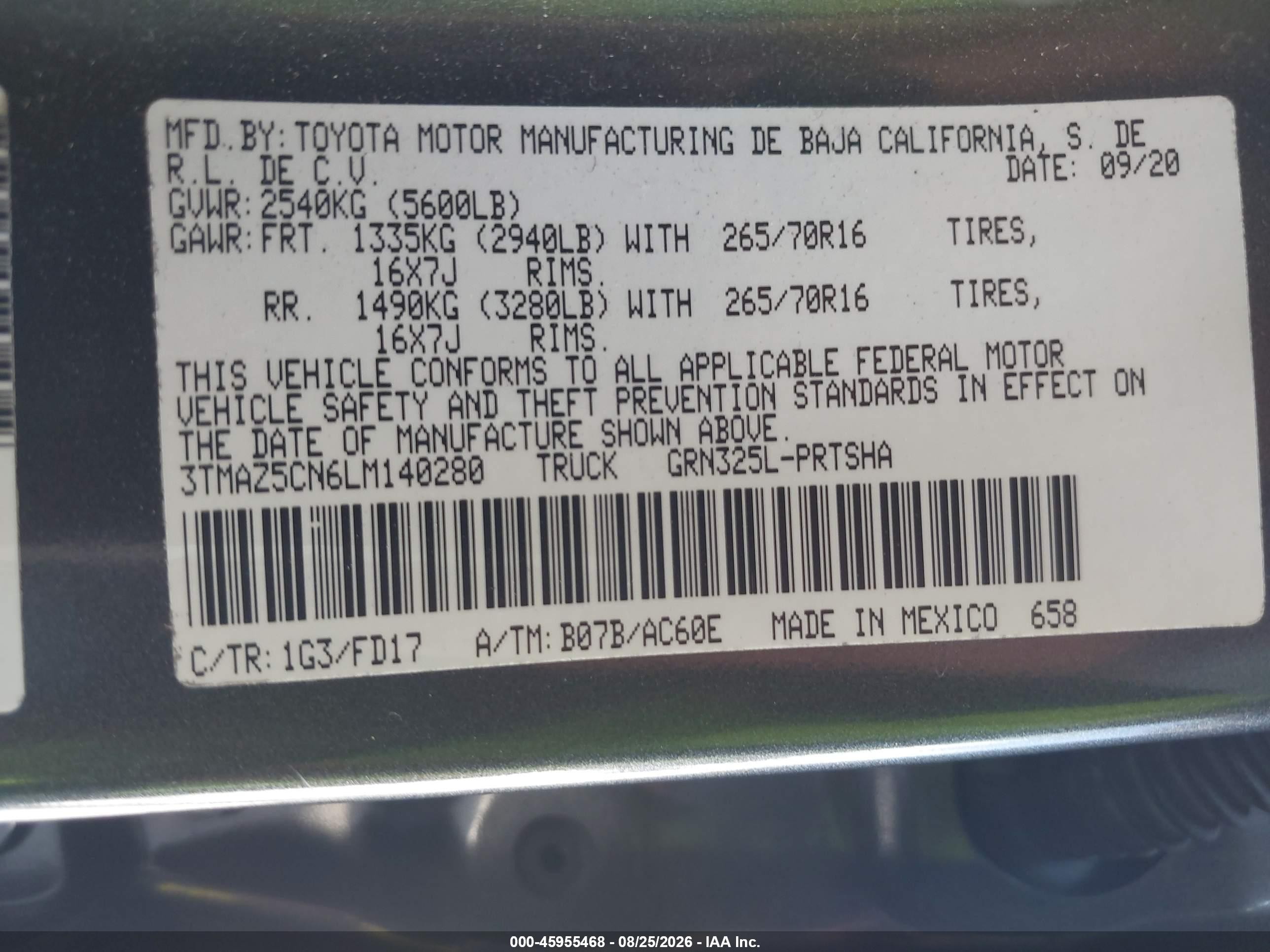 2020 Toyota Tacoma VIN 3TMAZ5CN6LM140280 IAAI salvage auction — Rear End, Salvage (California), sold $12,100 on 2026-09-13 (photo 9)