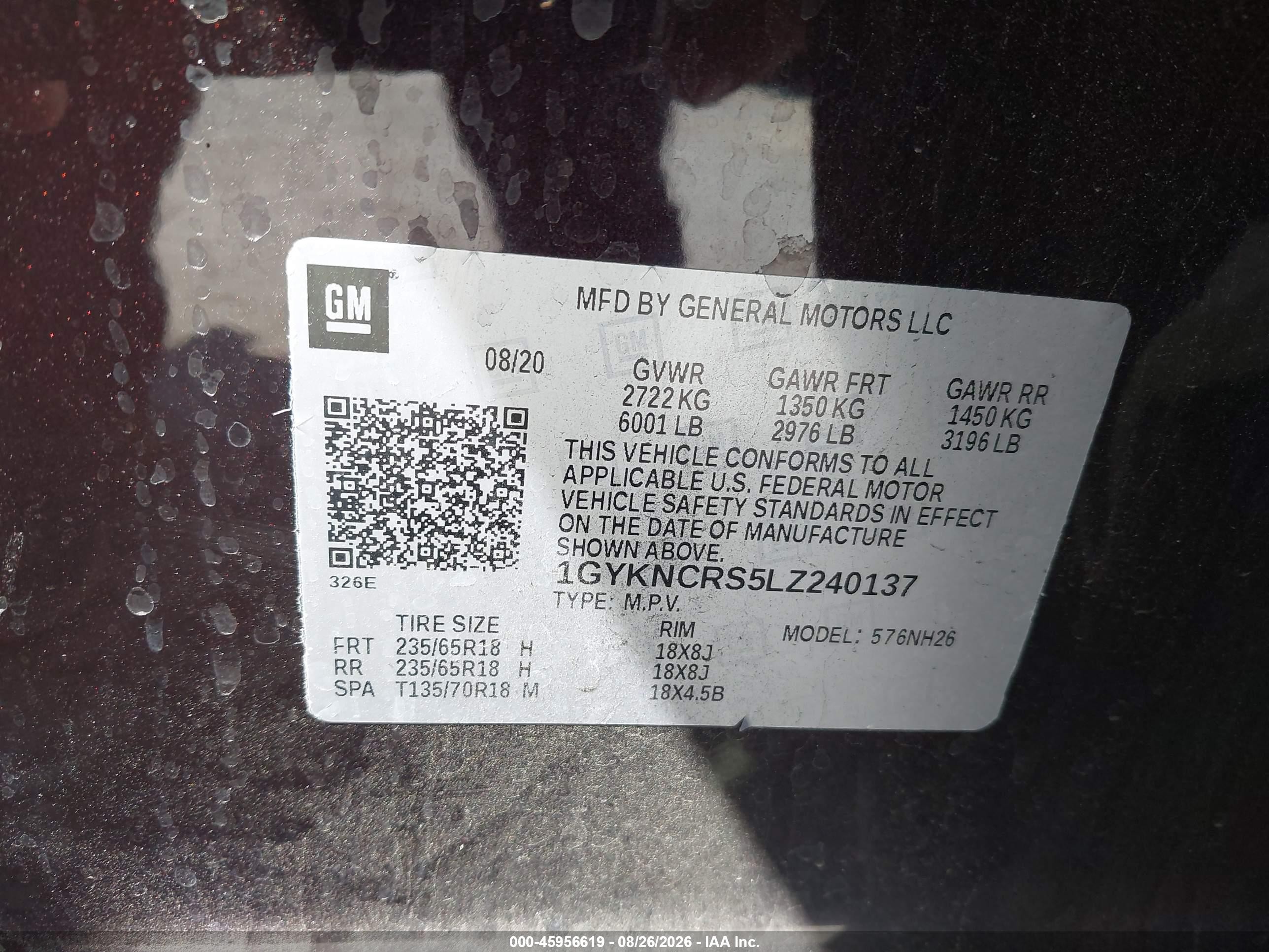 2020 Cadillac Xt5 VIN 1GYKNCRS5LZ240137 IAAI salvage auction — Front End, Salvage (California), sold $4,150 on 2026-09-13 (photo 9)