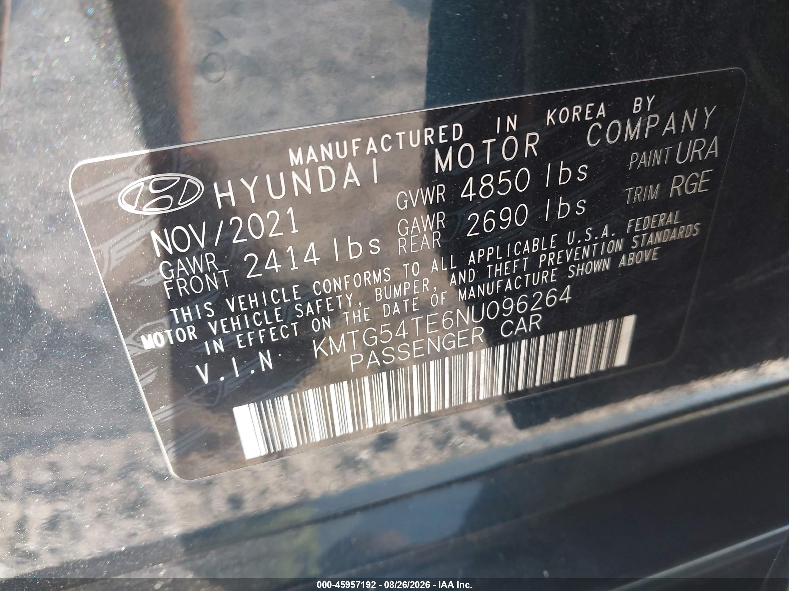 2022 Genesis G70 VIN KMTG54TE6NU096264 IAAI salvage auction — Unknown, Rebuildable (Florida), sold $8,300 on 2026-09-06 (photo 9)