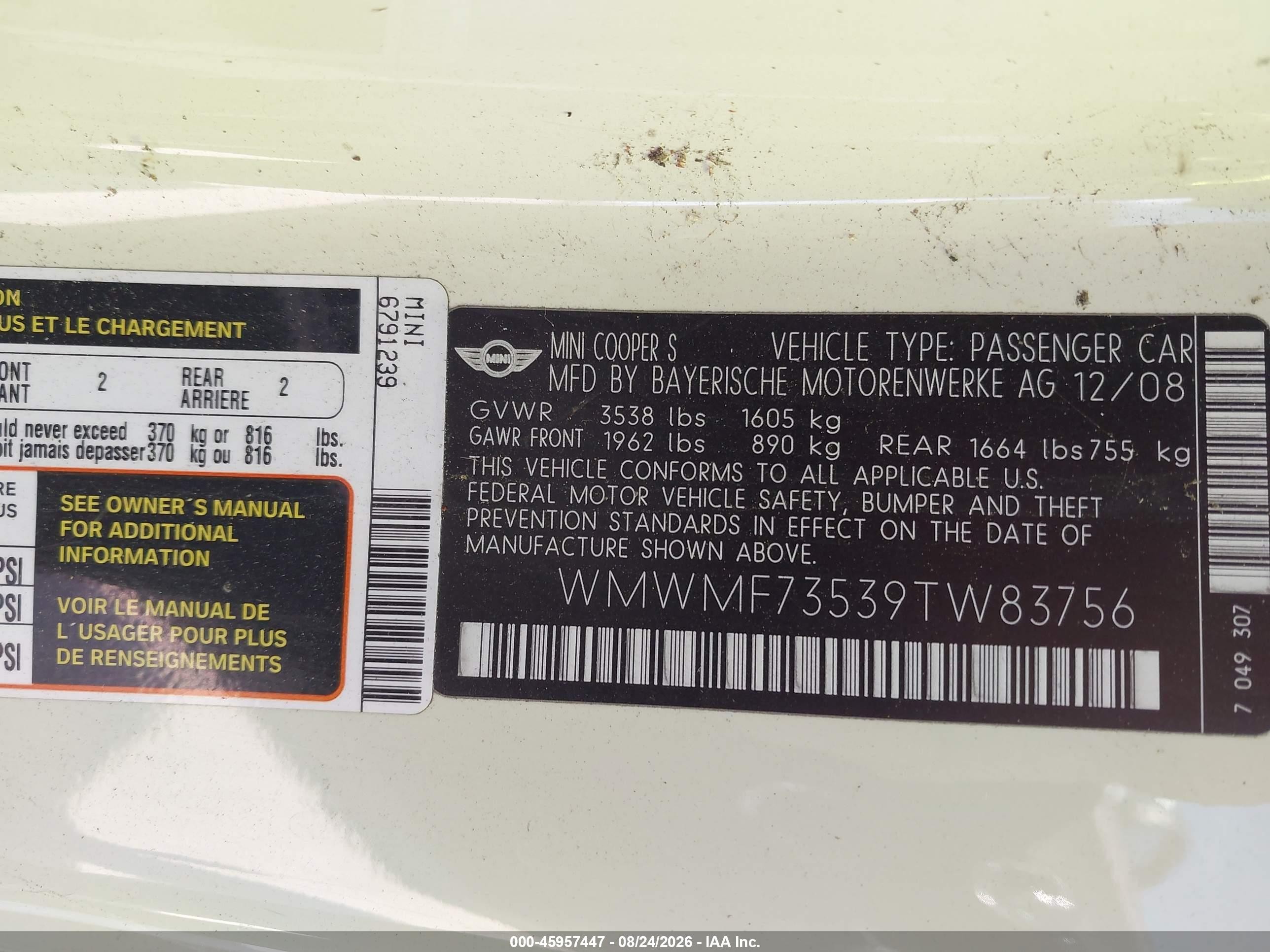 2009 Mini Cooper VIN WMWMF73539TW83756 IAAI salvage auction — Normal Wear, Clear - Dealer Only (California), sold $300 on 2026-09-03 (photo 9)