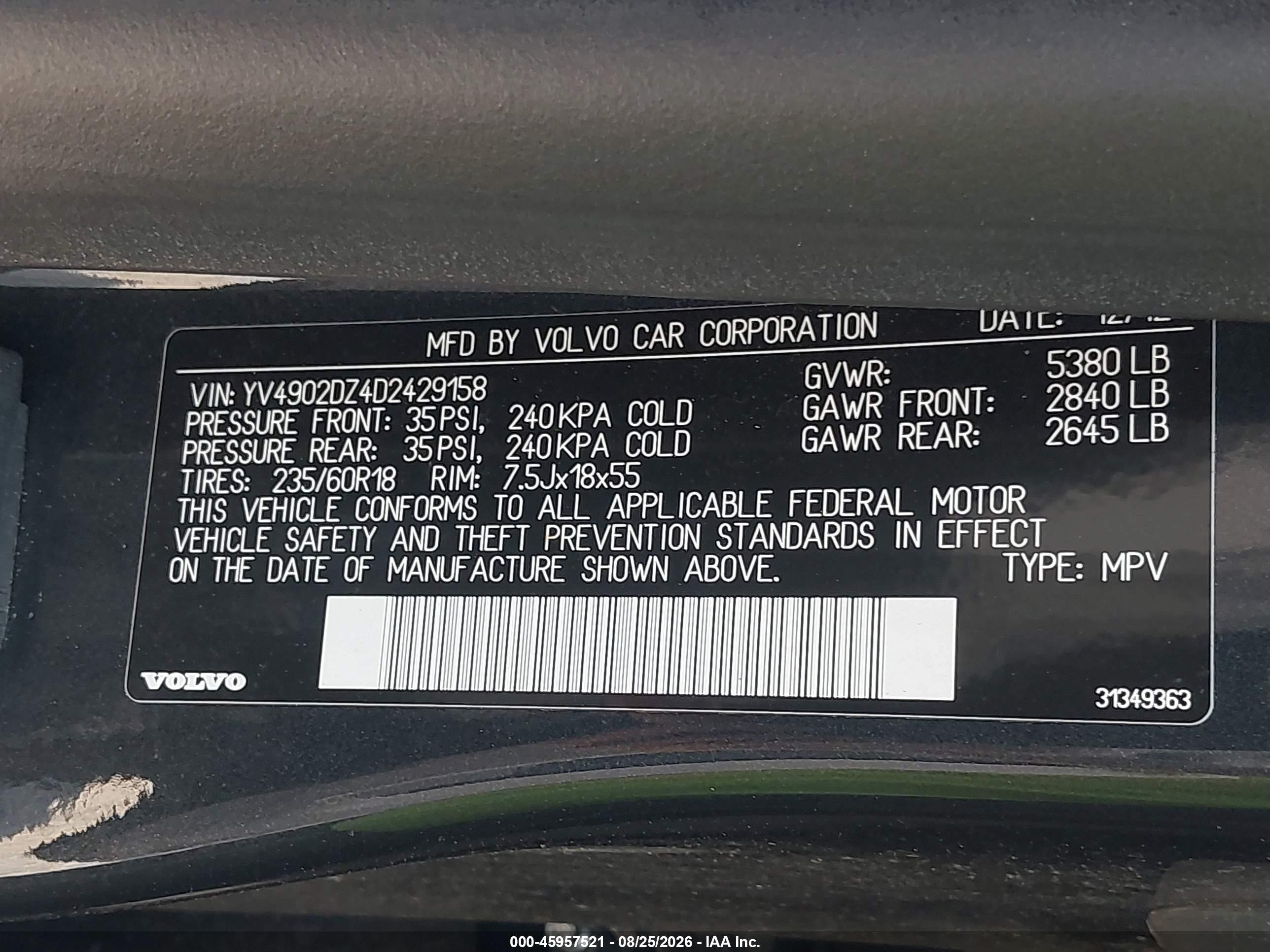 2013 Volvo XC60 VIN YV4902DZ4D2429158 IAAI salvage auction — Unknown, Bill Of Sale (Washington), sold $650 on 2026-09-11 (photo 9)