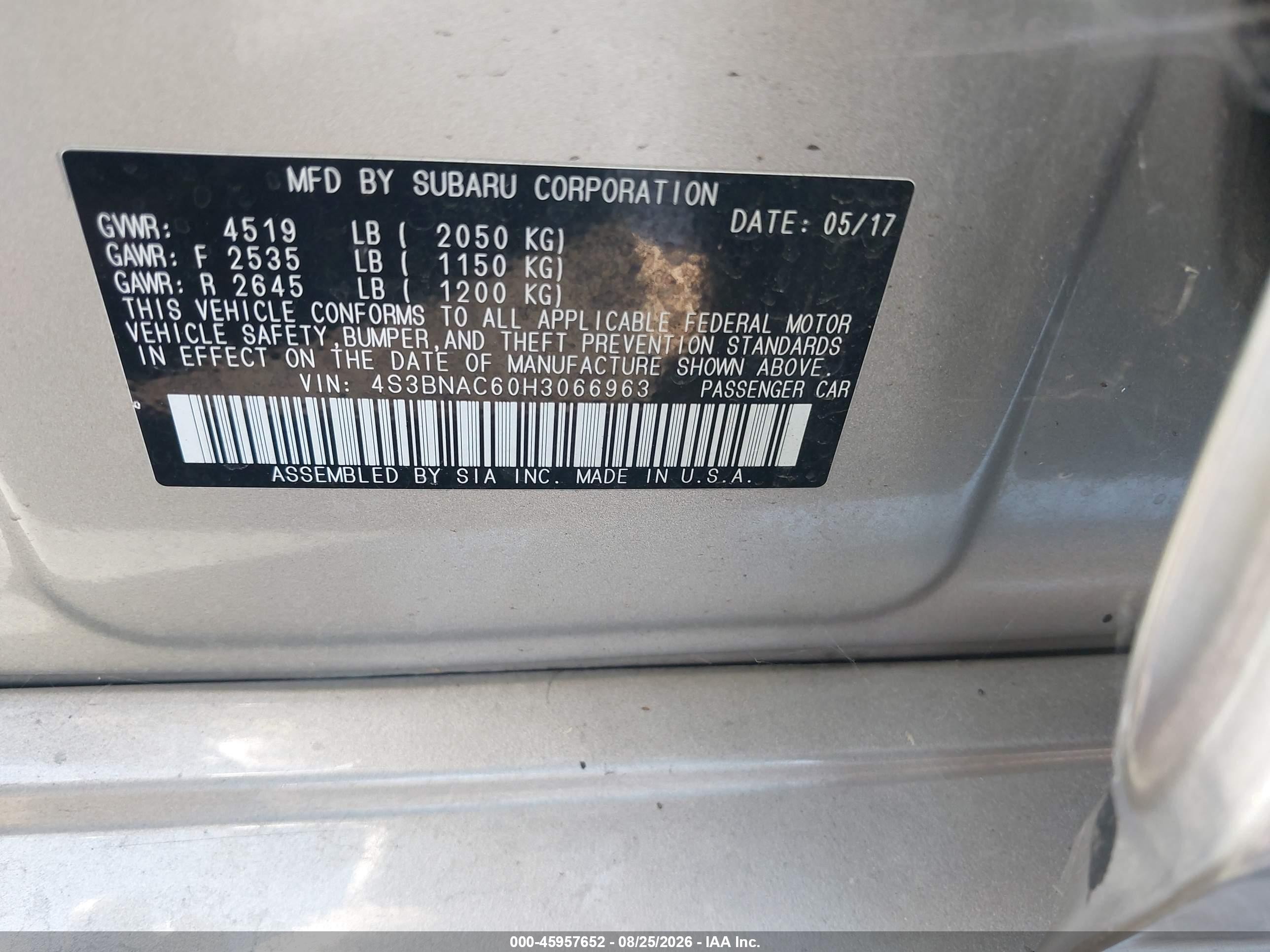 2017 Subaru LEGACY VIN 4S3BNAC60H3066963 IAAI salvage auction — Unknown, Salvage Certificate (California), sold $1,650 on 2026-09-13 (photo 9)